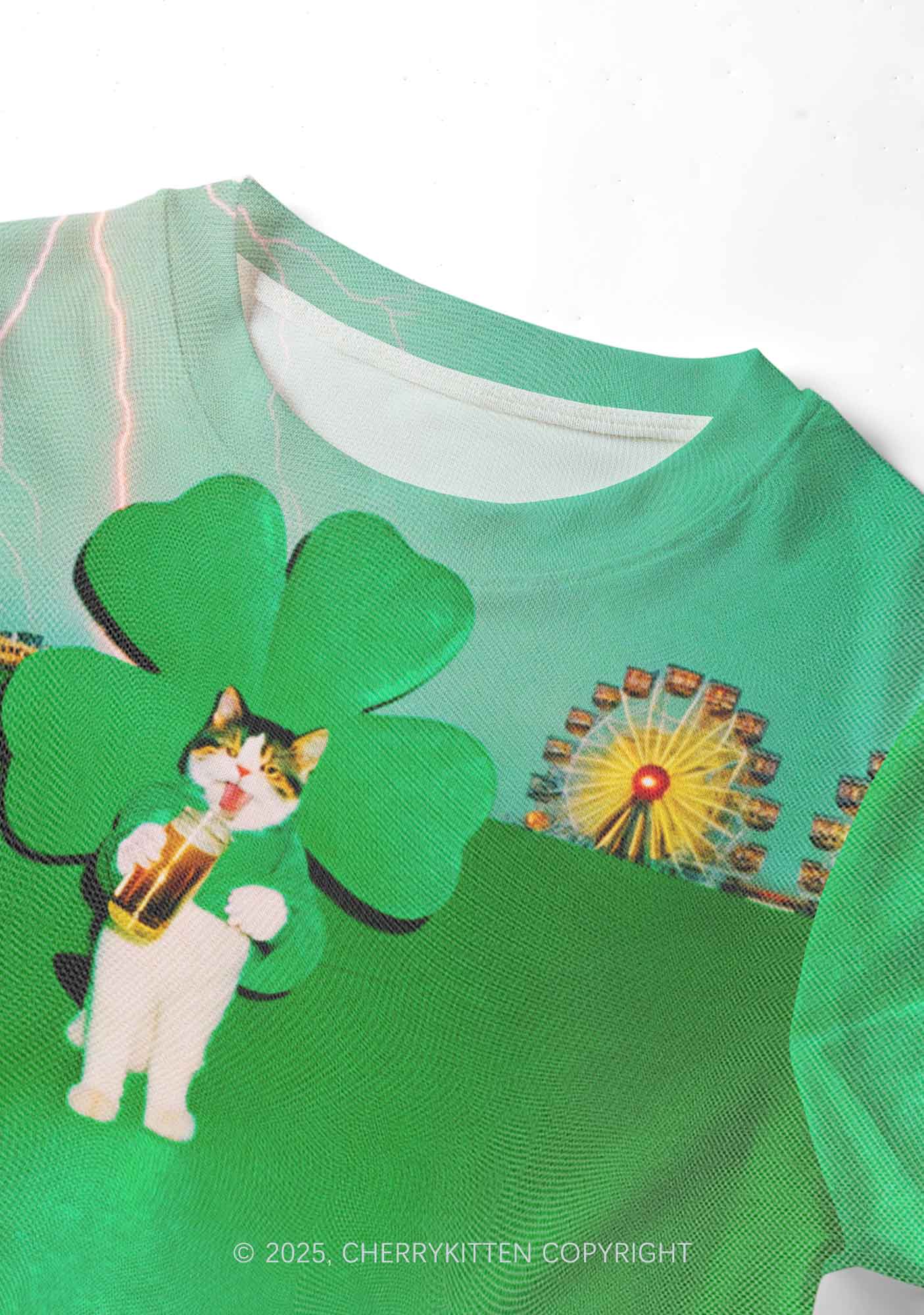 Lucky Cat St Patricks Y2K Mesh Crop Top Cherrykitten - Image 4