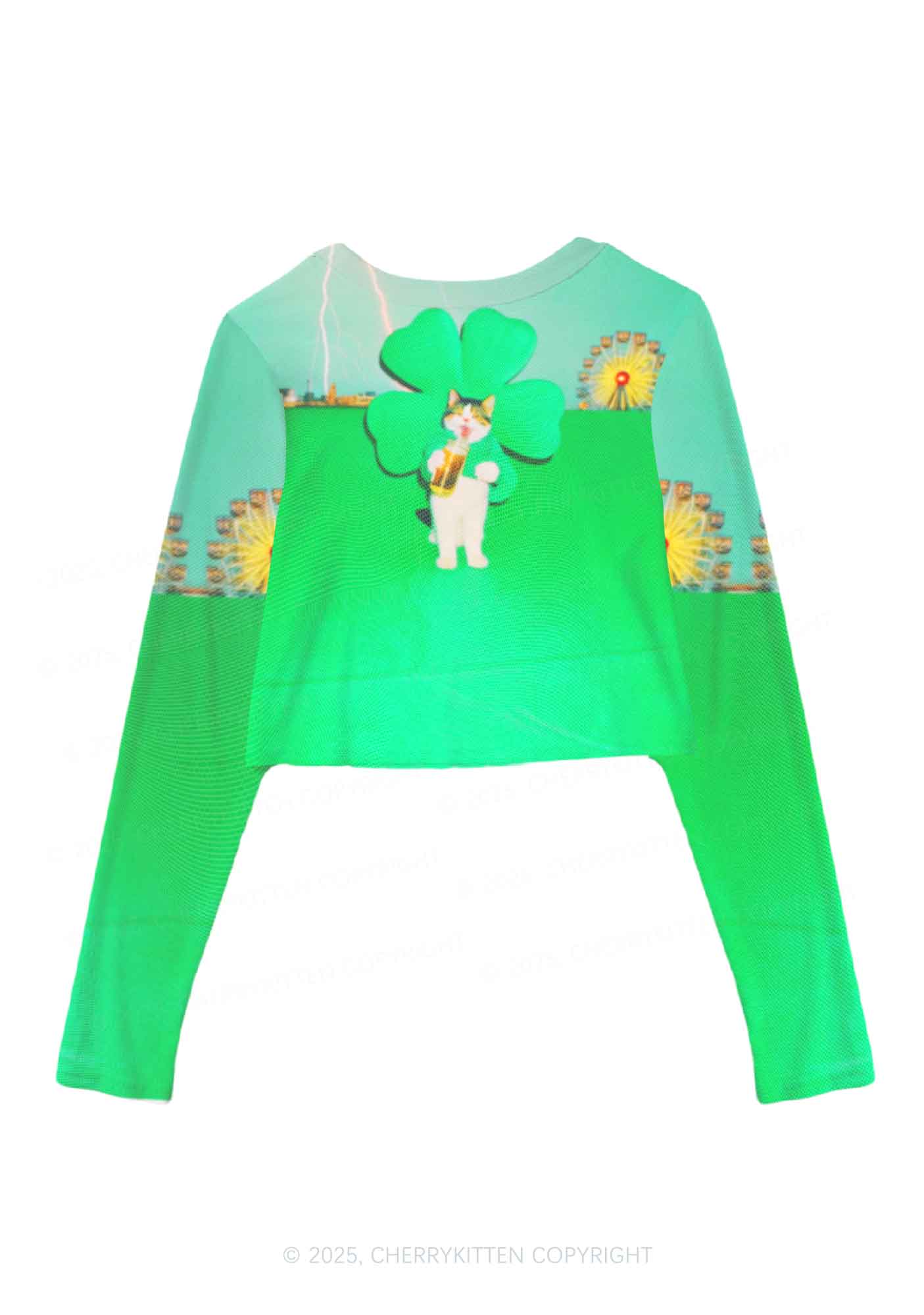 Lucky Cat St Patricks Y2K Mesh Long Sleeve Crop Top Cherrykitten - Image 2