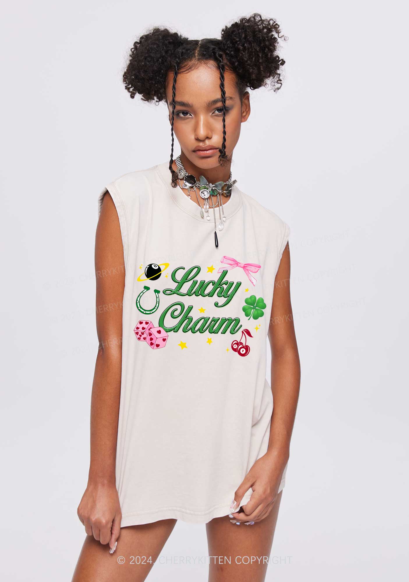 Lucky Charm St Patricks Y2K Washed Tank Cherrykitten - Image 2