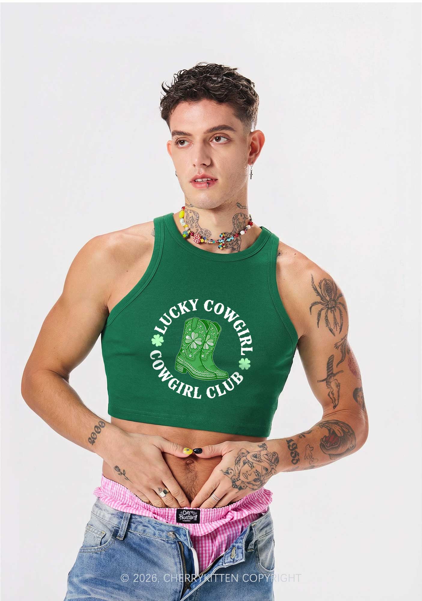 Lucky Cowgirl Club St Patricks Y2K Crop Tank Top Cherrykitten - Image 2