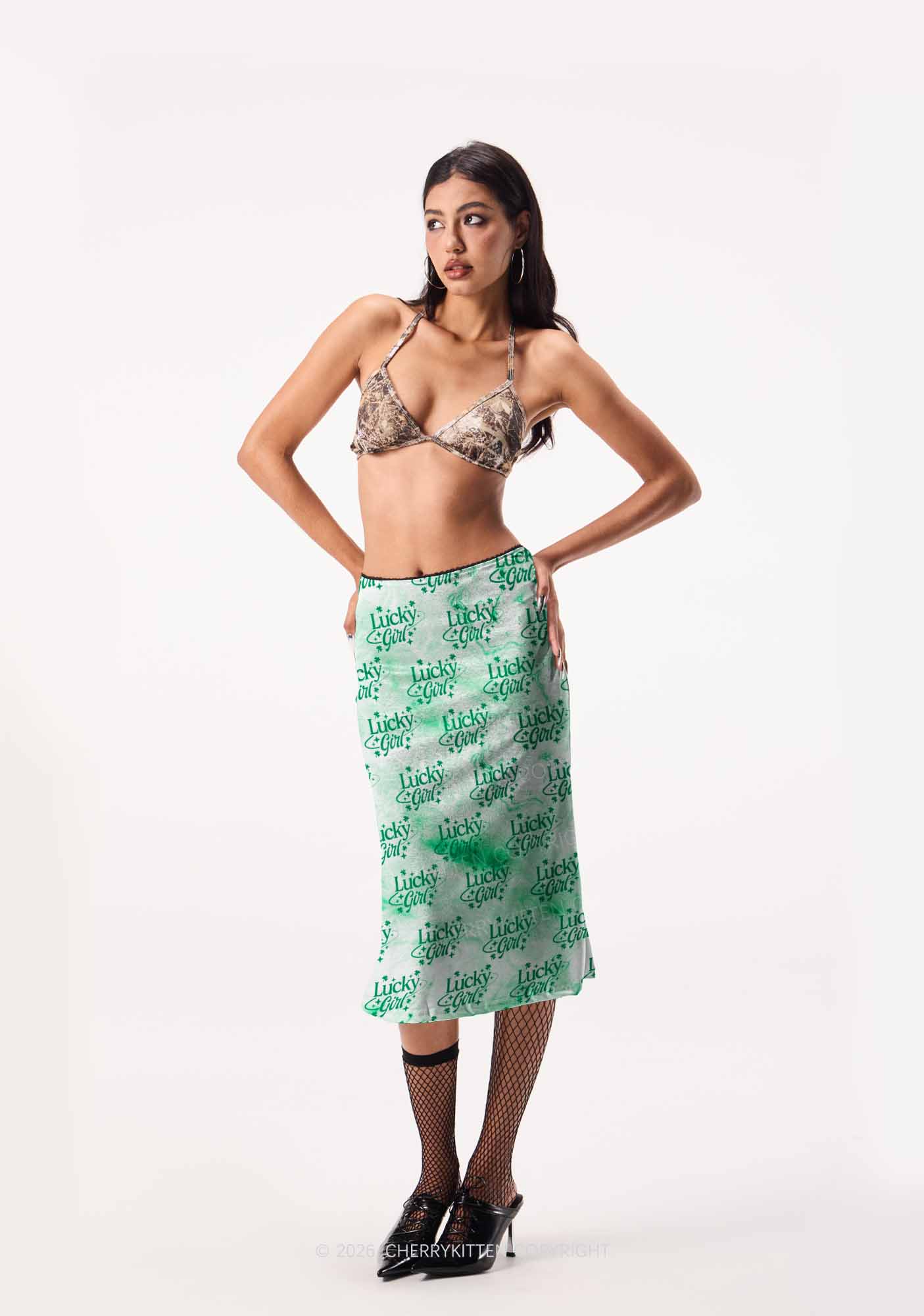 Lucky Girl Green Clover St Patricks Y2K Print Midi Skirt Cherrykitten - Image 2