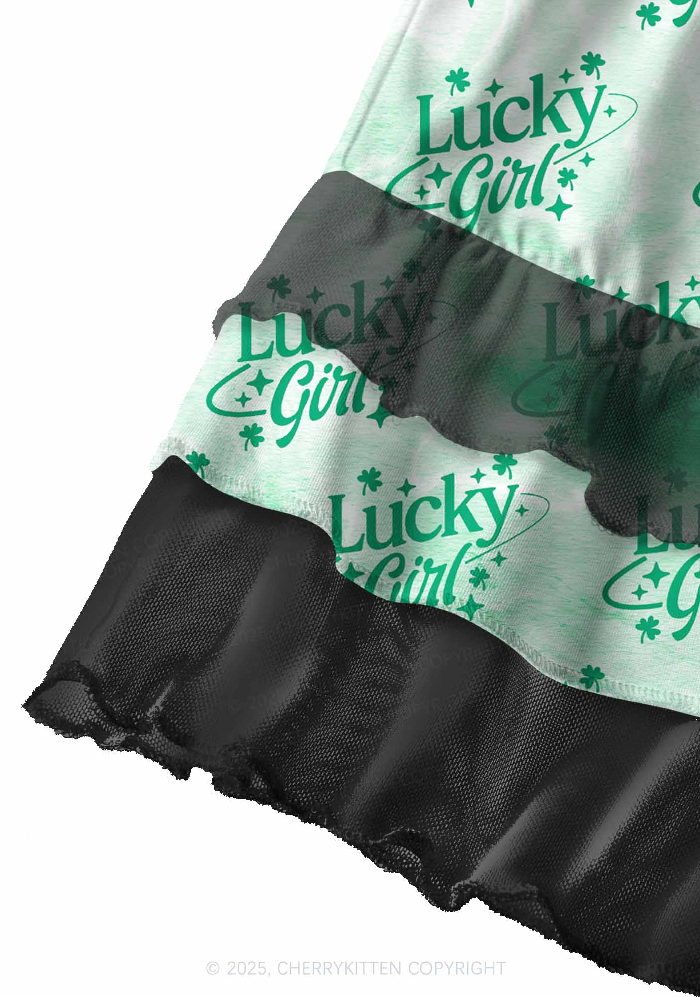 Lucky Girl Green Clover St Patricks Y2K Print Mini Layered Skirt Cherrykitten - Image 2