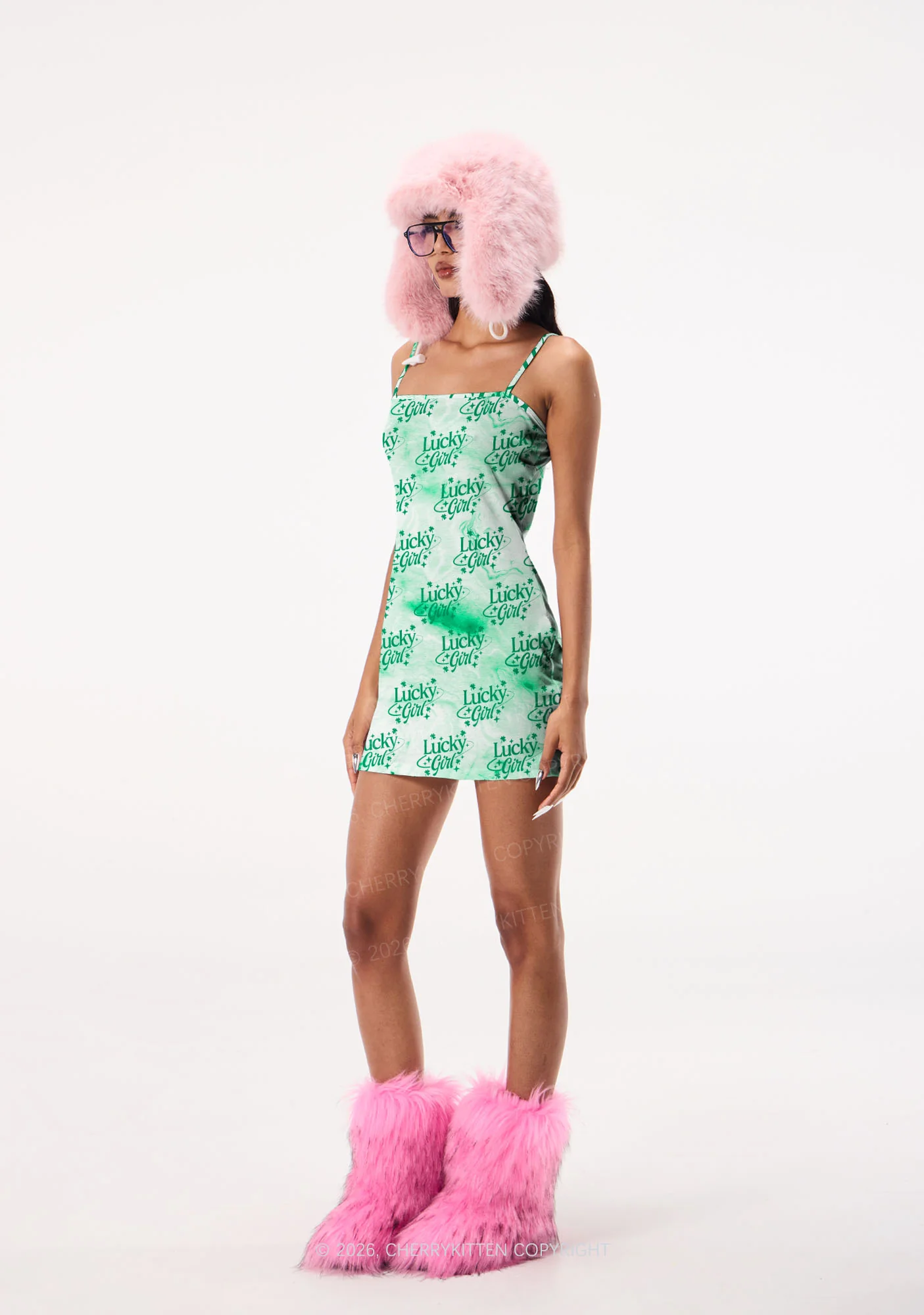 Lucky Girl Green Clover St Patricks Y2K Print Slip Dress Cherrykitten - Image 2