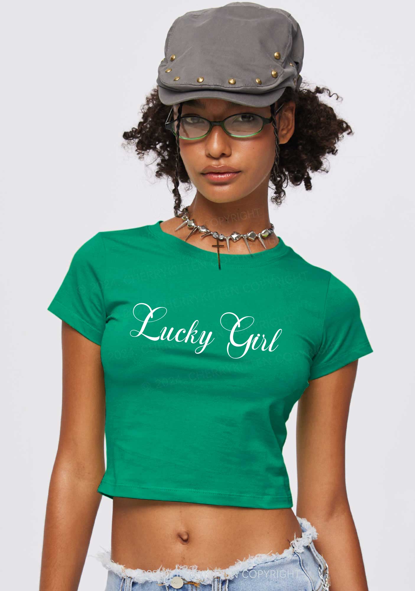 Lucky Girl St Patricks Y2K Baby Tee Cherrykitten - Image 2