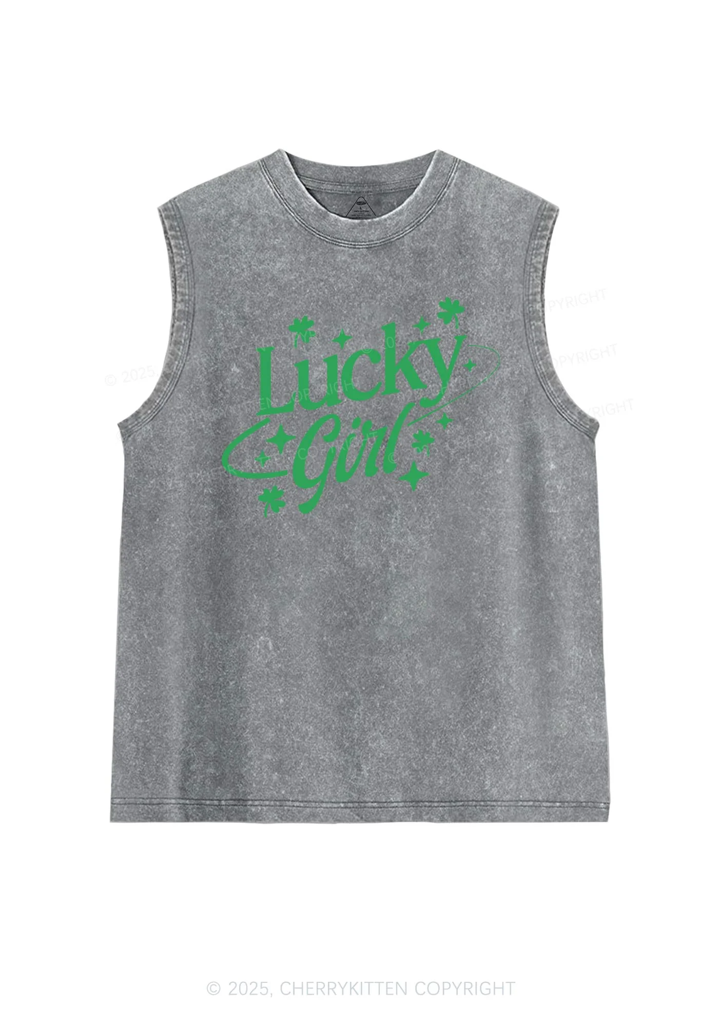 Lucky Girl Star Clover St Patricks Y2K Washed Tank Cherrykitten - Image 6