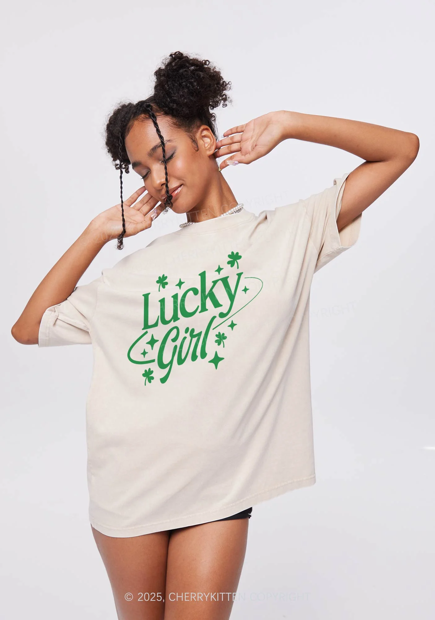 Lucky Girl Star Clover St Patricks Y2K Washed Tee Cherrykitten - Image 2