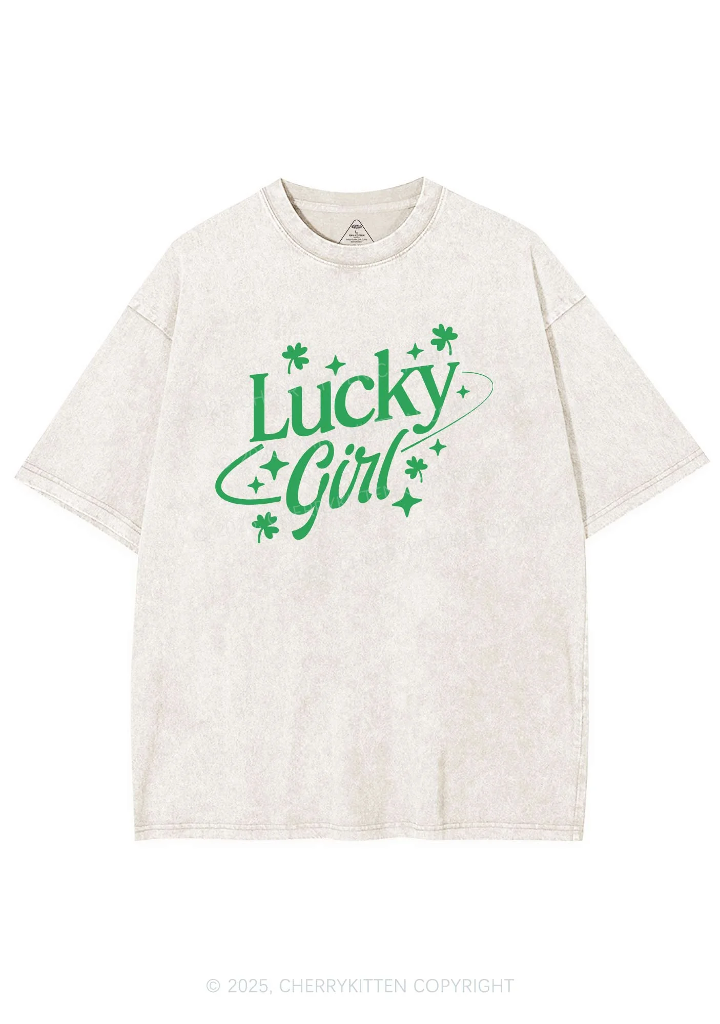 Lucky Girl Star Clover St Patricks Y2K Washed Tee Cherrykitten - Image 3