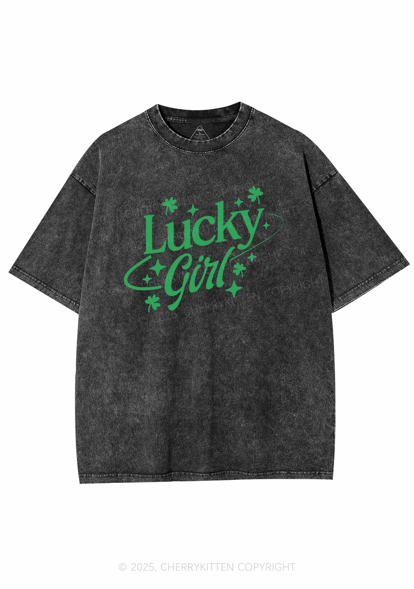 Lucky Girl Star Clover St Patricks Y2K Washed Tee Cherrykitten - Image 4