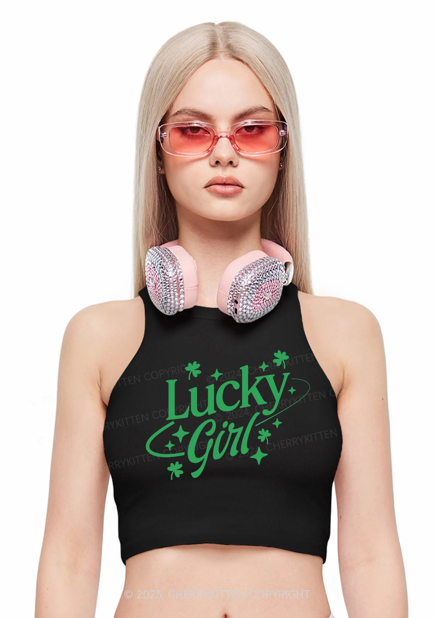 Lucky Girl Star St Patricks Y2K Crop Tank Top Cherrykitten - Image 2
