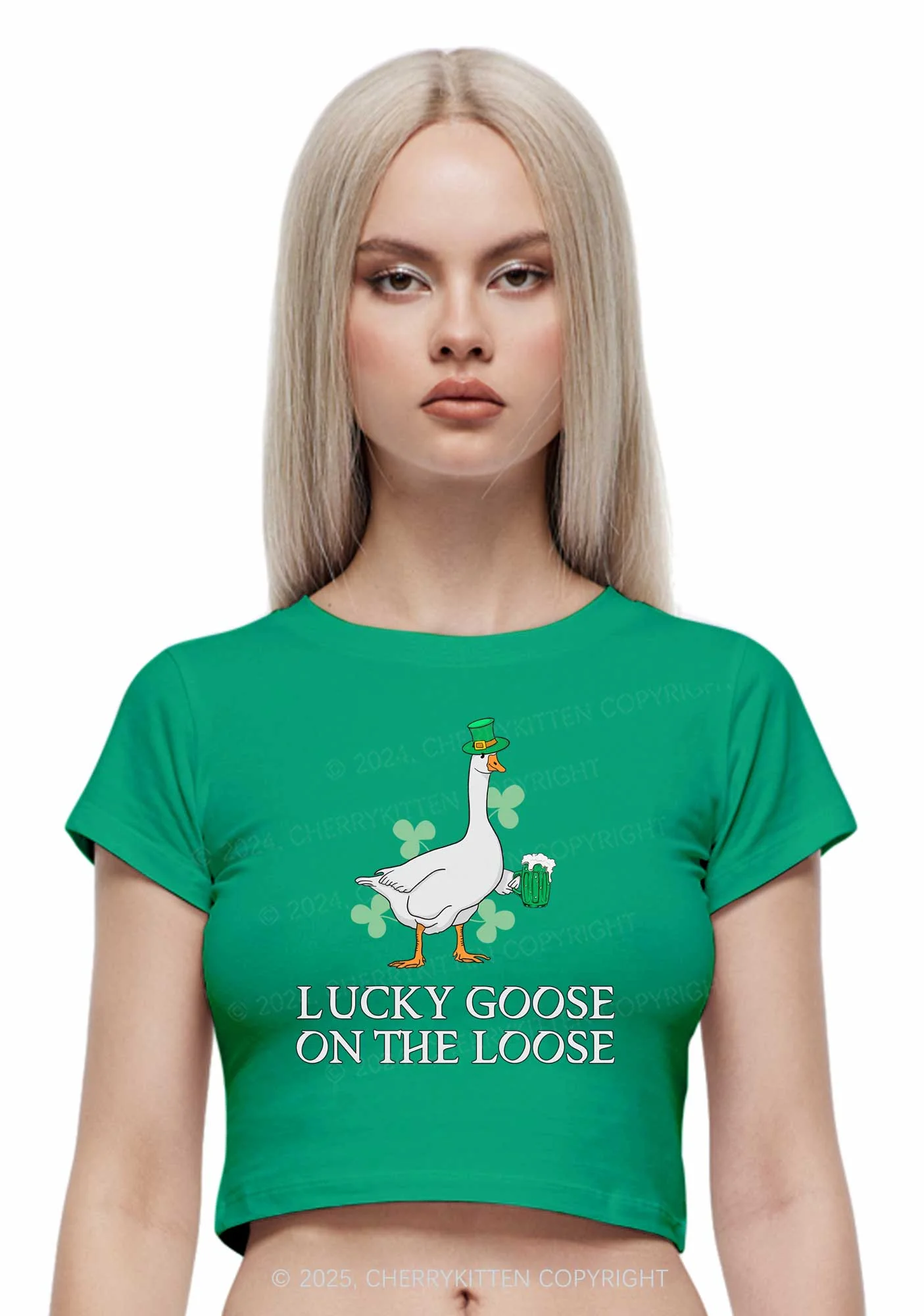 Lucky Goose On The Loose St Patricks Y2K Baby Tee Cherrykitten - Image 2