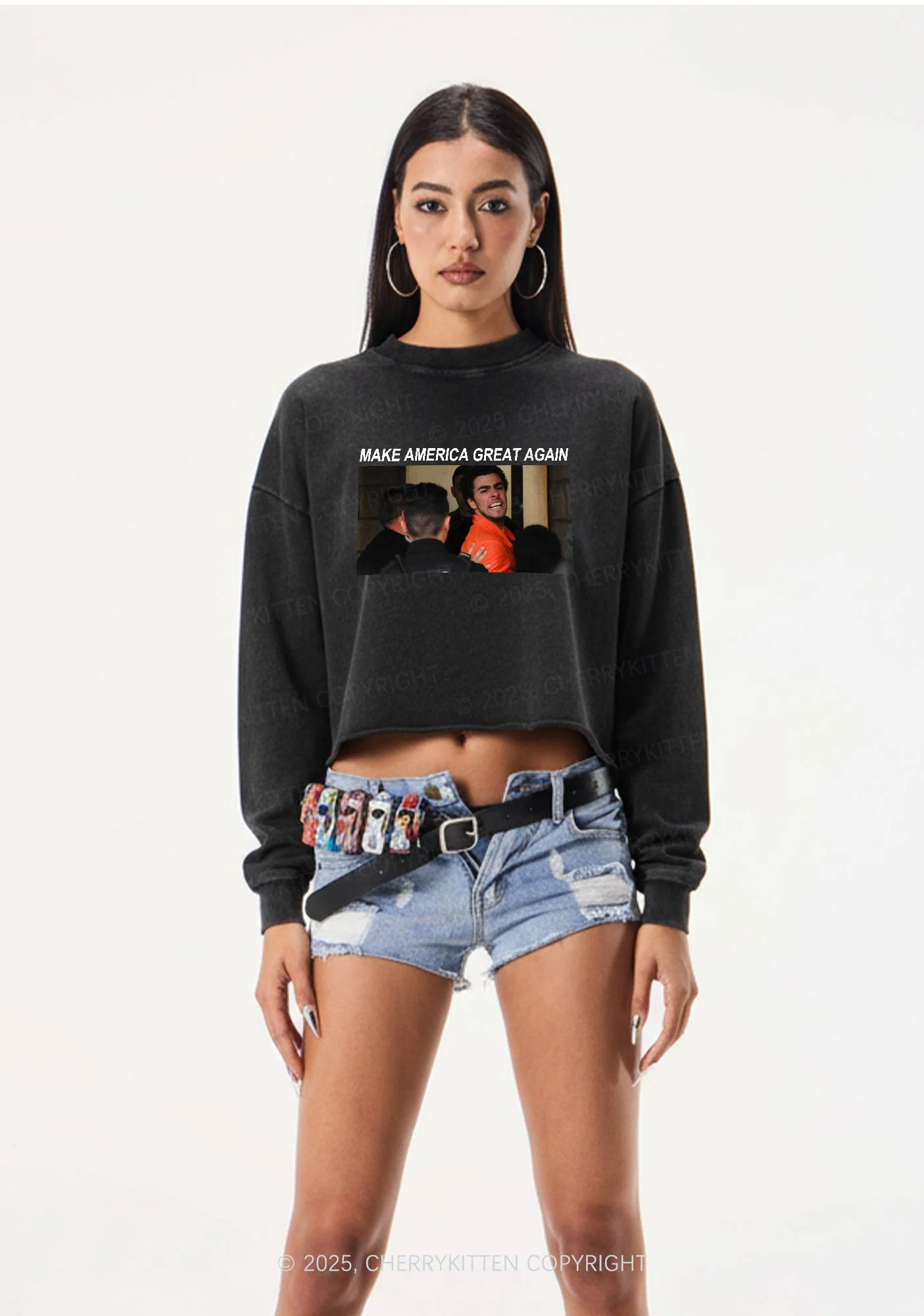 Luigi Yelling Y2K Crop Washed Sweatshirts Cherrykitten - Image 2