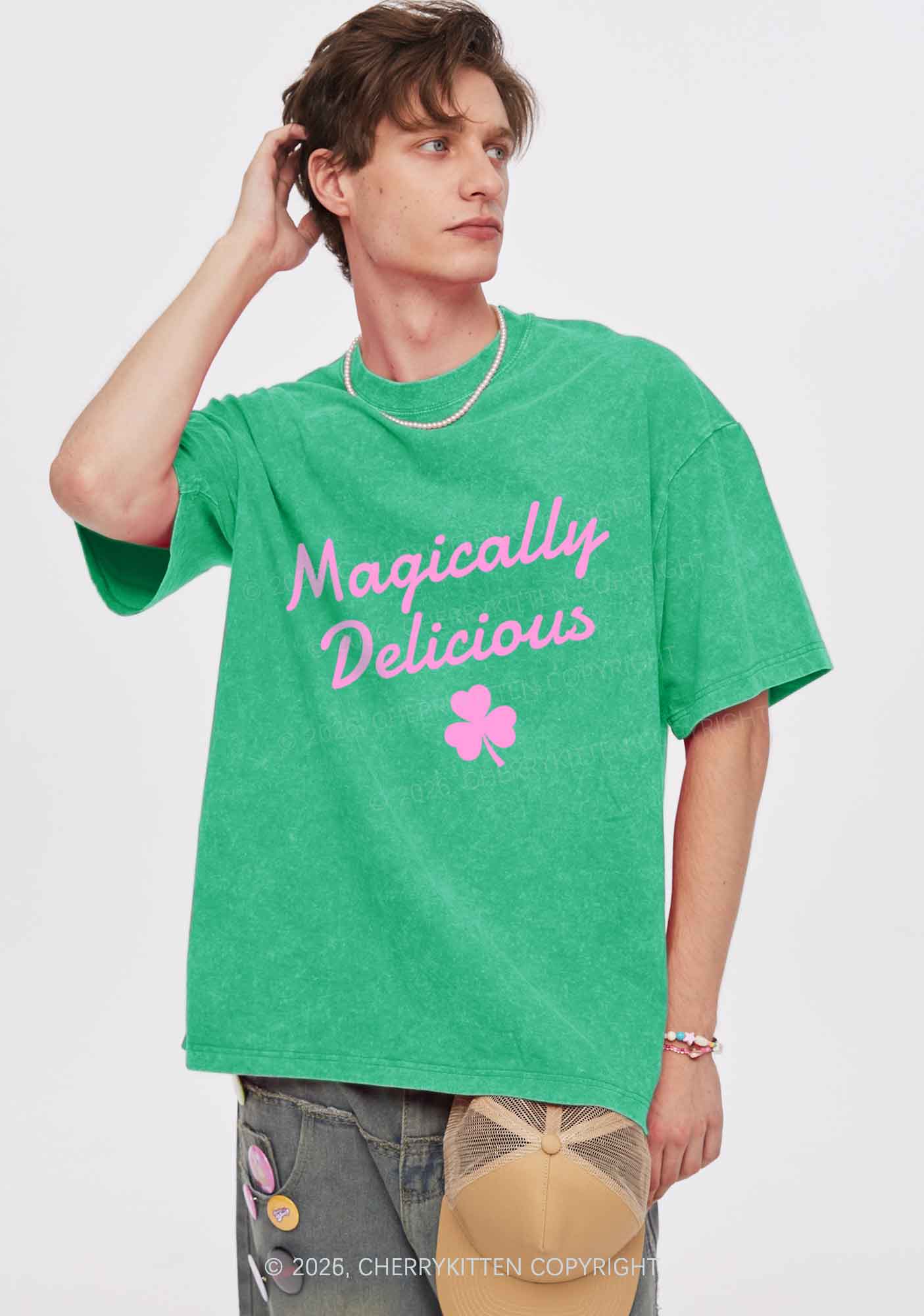 Magically Delicious Shamrock St Patricks Y2K Shirts Washed Tee Cherrykitten - Image 2