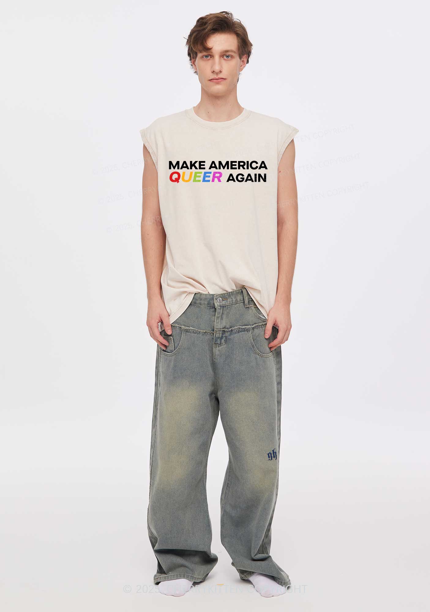 Make America Queer Again Pride Y2K Washed Muscle Tank Cherrykitten - Image 2