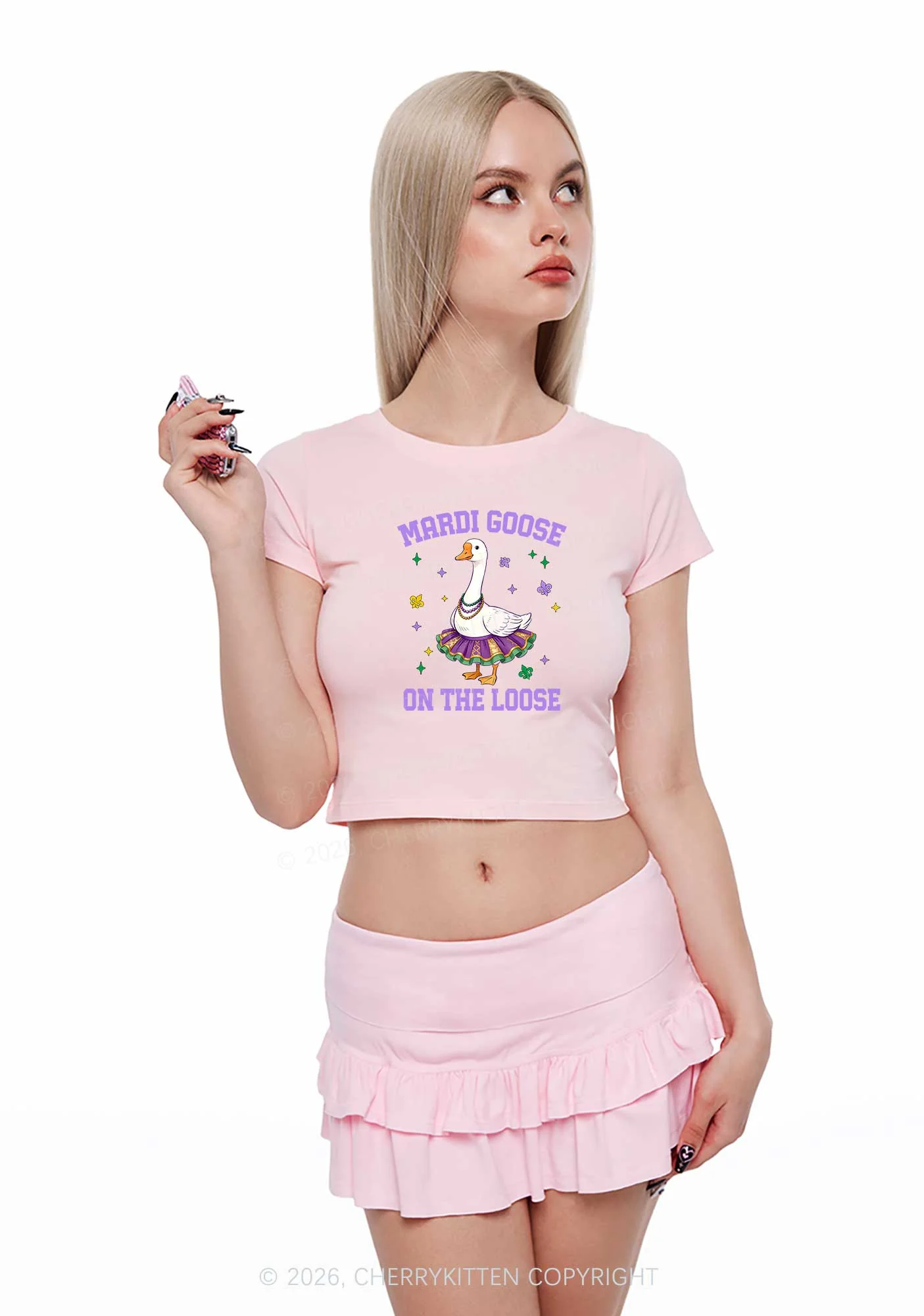 Mardi Gras Goose Y2K Baby Tee Cherrykitten - Image 2