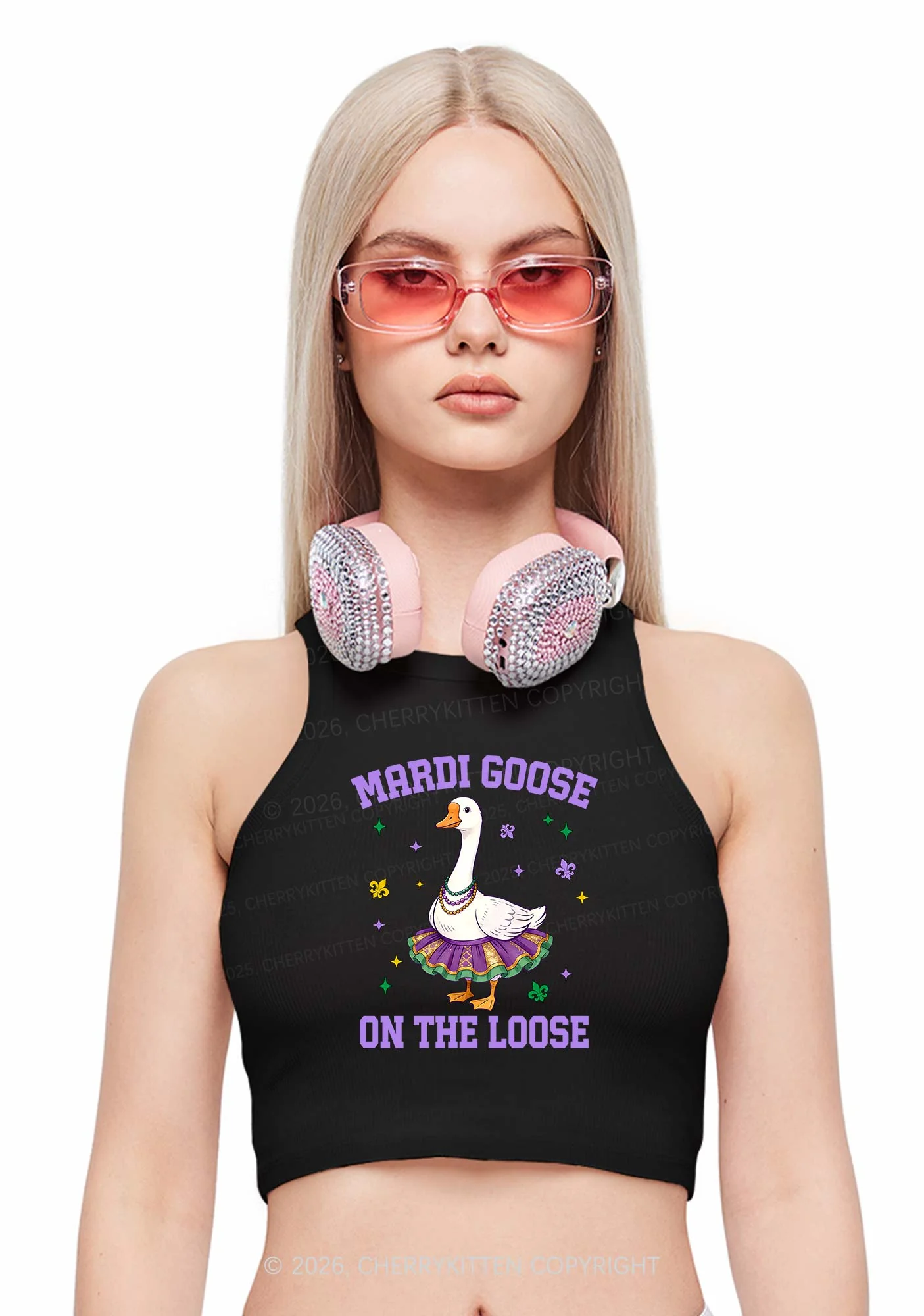 Mardi Gras Goose Y2K Crop Tank Top Cherrykitten - Image 2