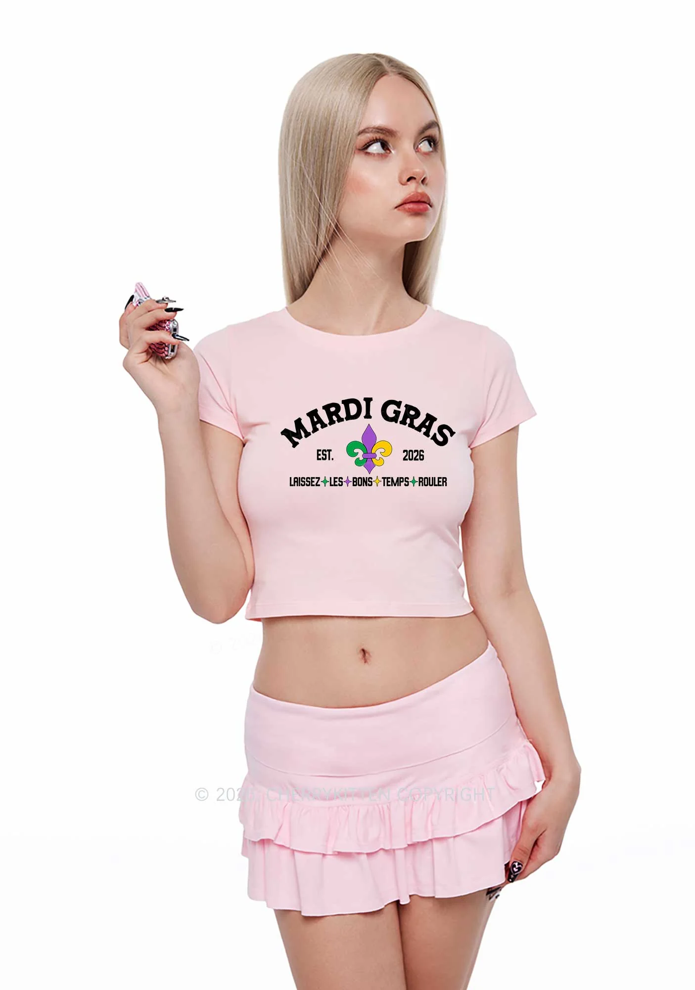 Mardi Gras Laissez Les Bons Temps Rouler Y2K Baby Tee Cherrykitten - Image 2