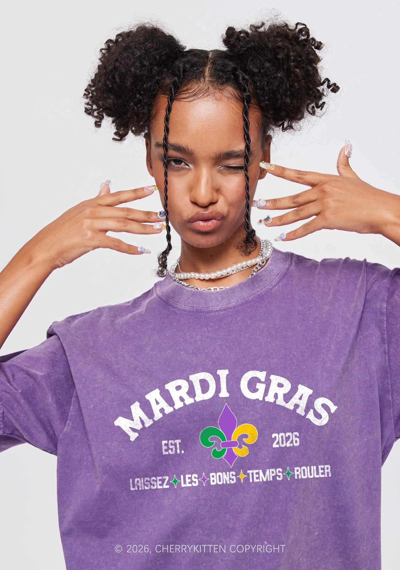Mardi Gras Laissez Les Bons Temps Rouler Y2K Shirts Washed Tee Cherrykitten - Image 2