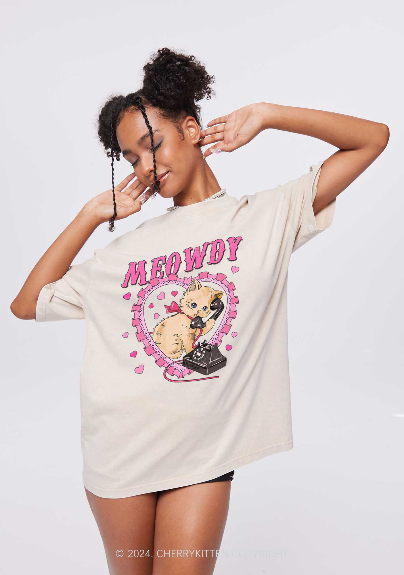 Meowdy Cat Y2K Valentine's Day Washed Tee Cherrykitten - Image 2