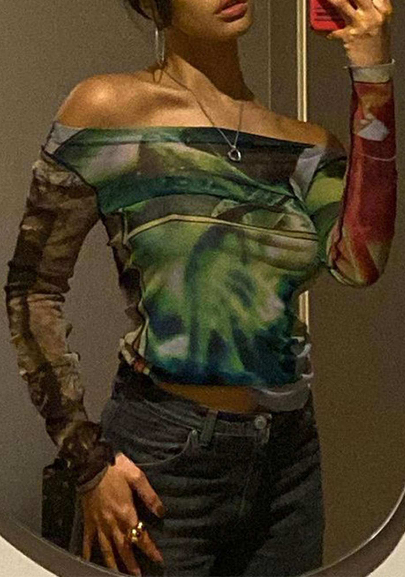 Mesh Printed Off Shoulder Long Sleeve Casual Top Cherrykitten - Image 2