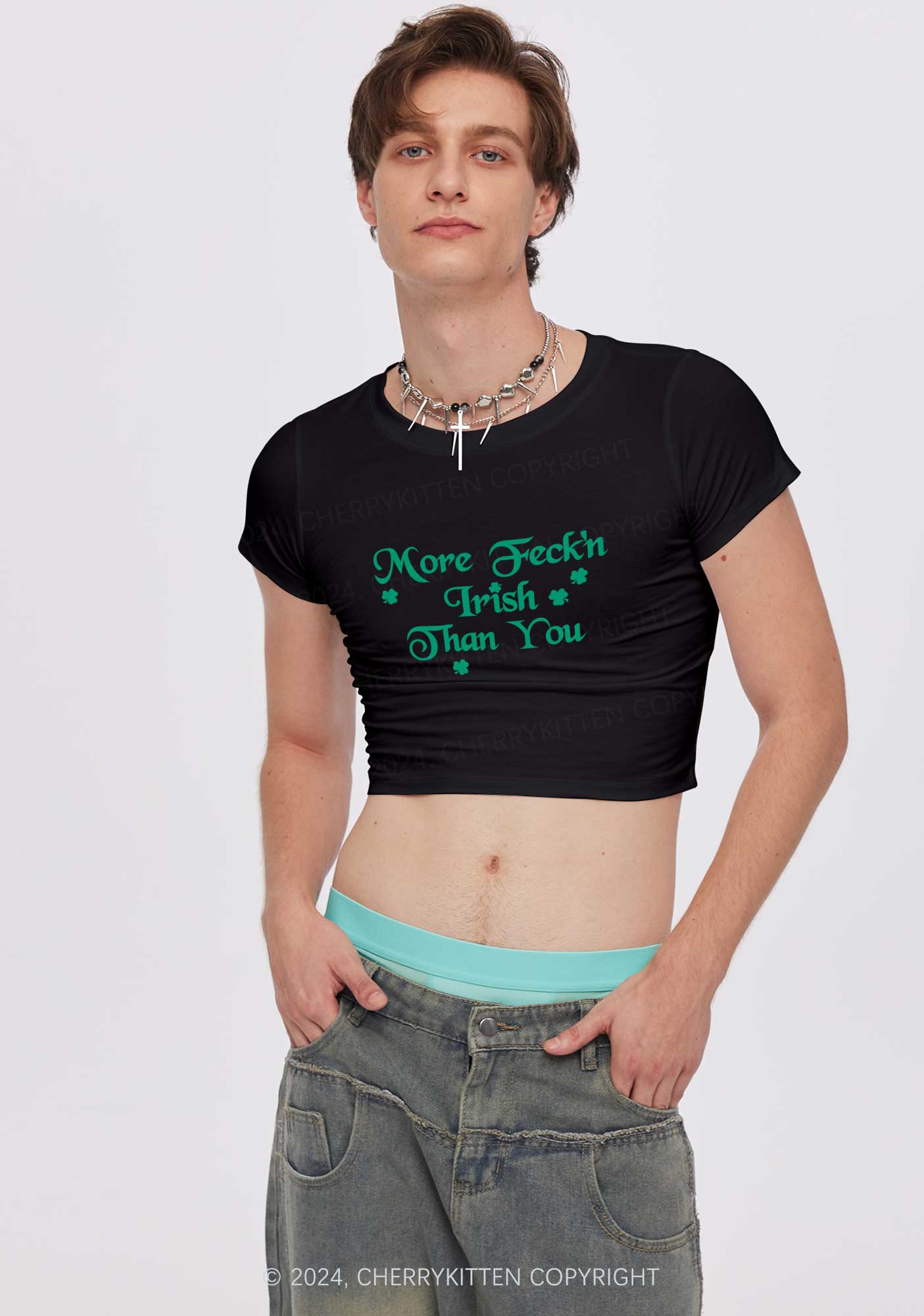 More Feckn Irish Than You St Patricks Y2K Baby Tee Cherrykitten - Image 3