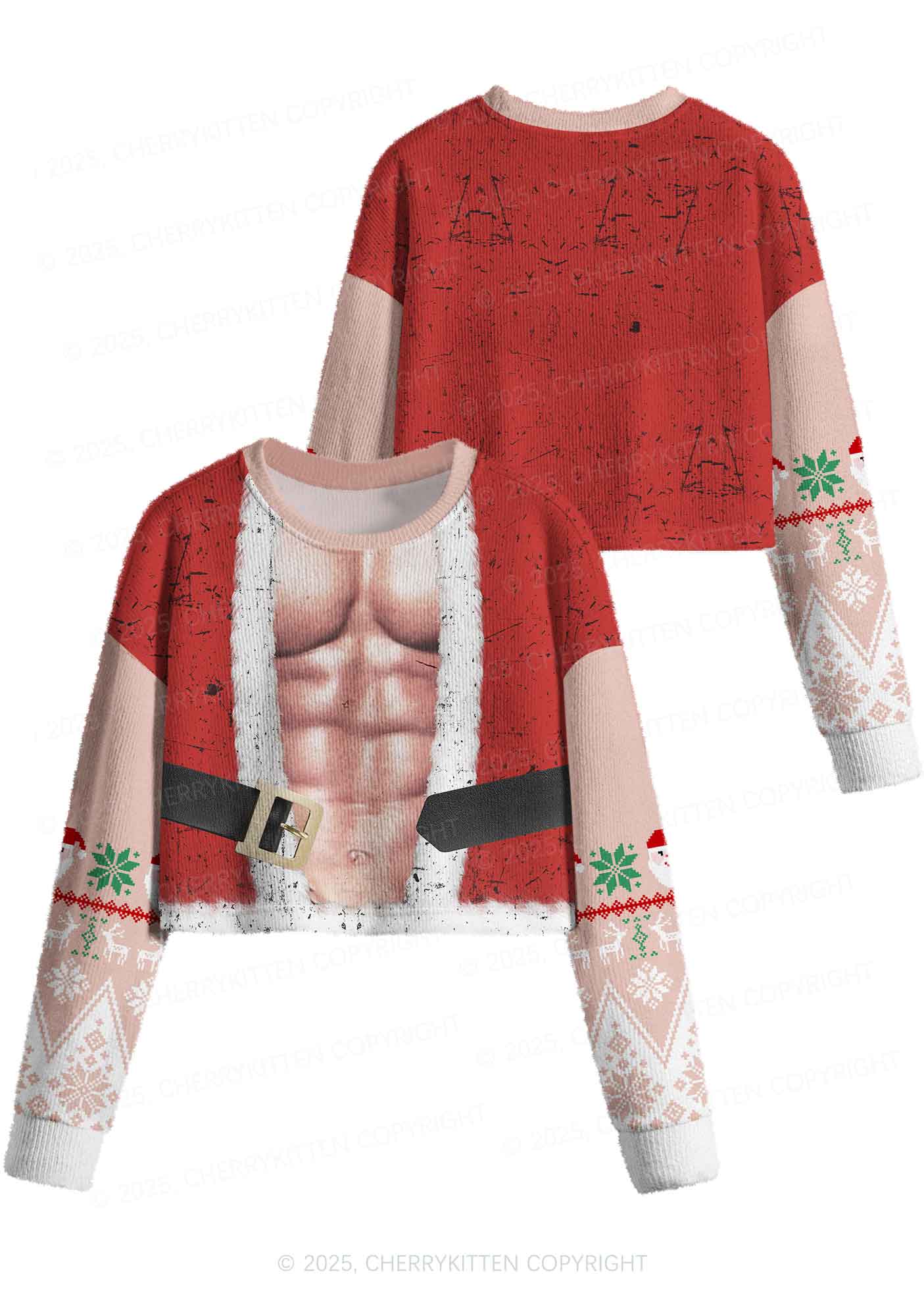 Muscle Santa Y2K Christmas Crop Knit Sweatshirt Cherrykitten - Image 3