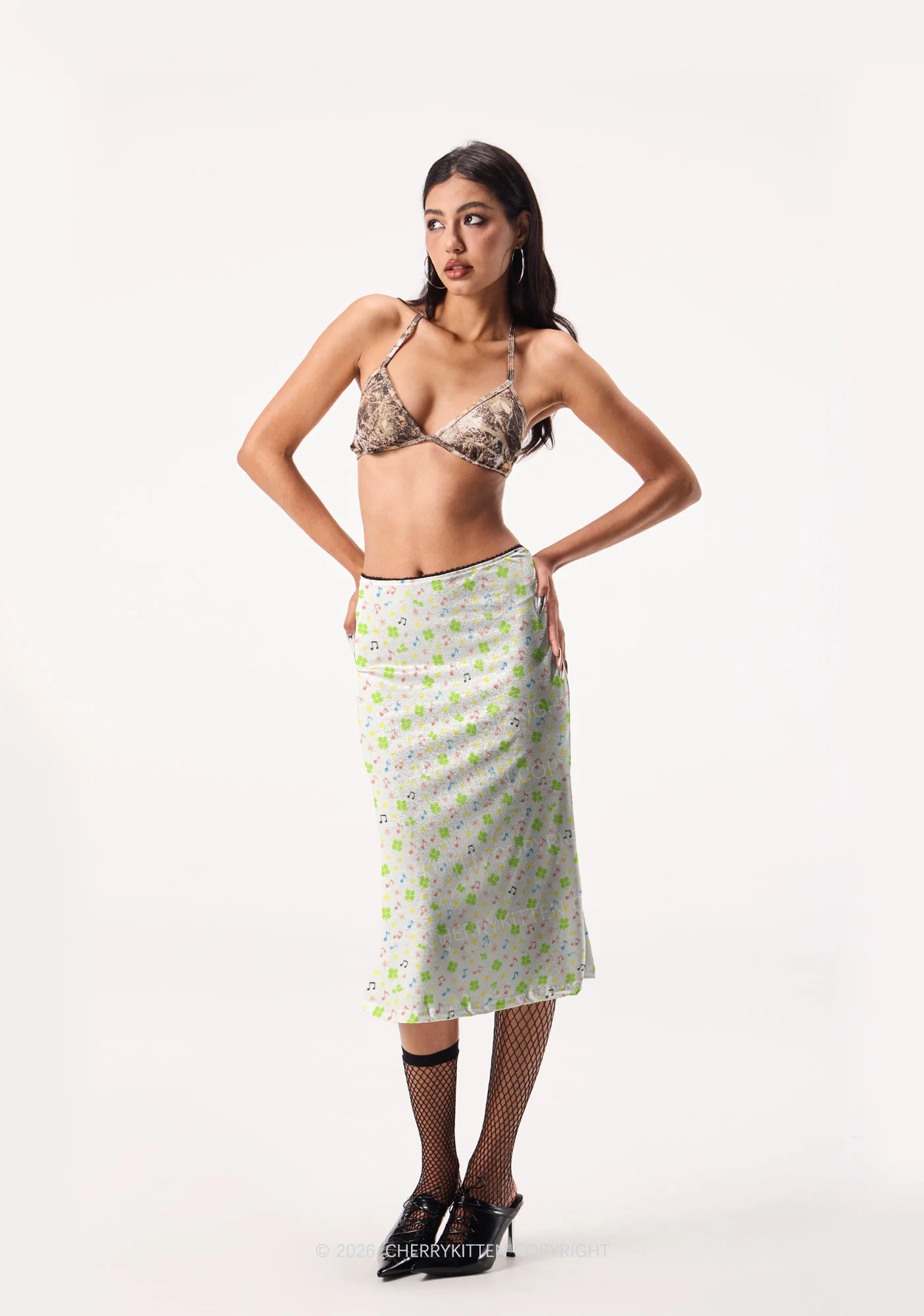 Music Notes Clover Stars St Patricks Y2K Print Midi Skirt Cherrykitten - Image 2