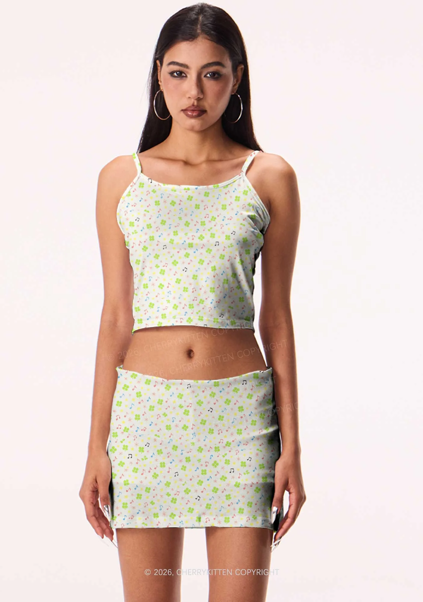 Music Notes Clover Stars St Patricks Y2K Print Mini Skirt Cherrykitten - Image 2