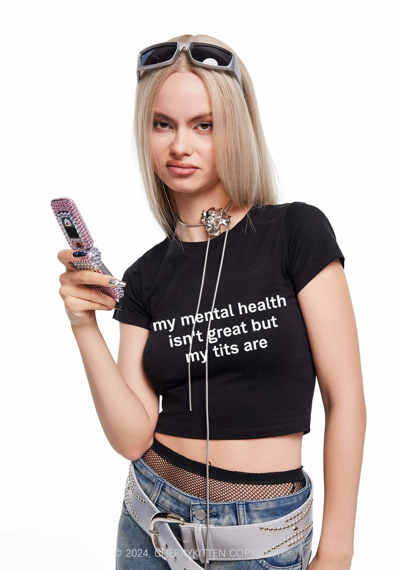 My Mental Health Isn't Great Y2K Baby Tee Cherrykitten - Image 3