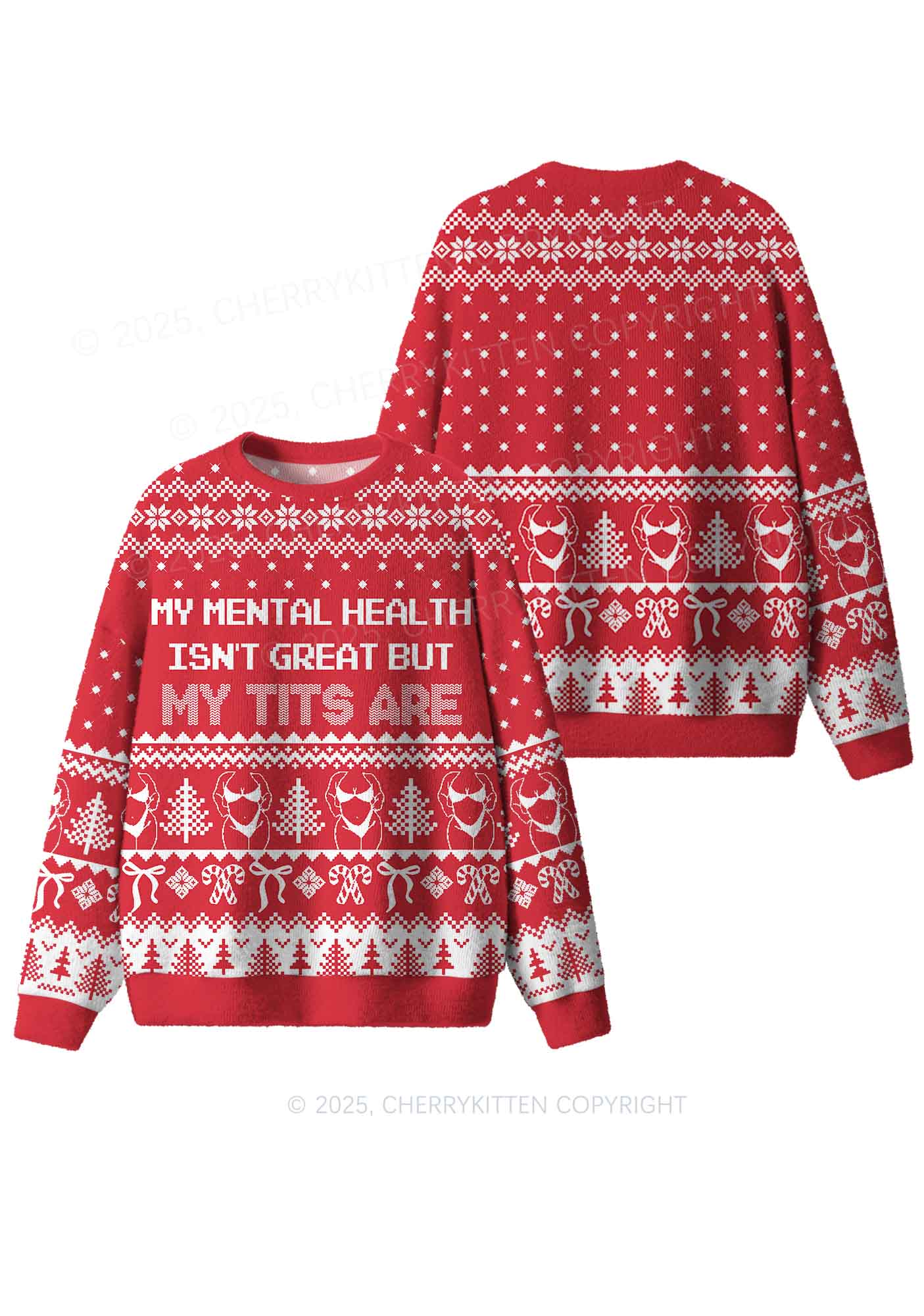 My Mental Health Isnt Great Y2K Christmas Knit Sweatshirt Cherrykitten - Image 3