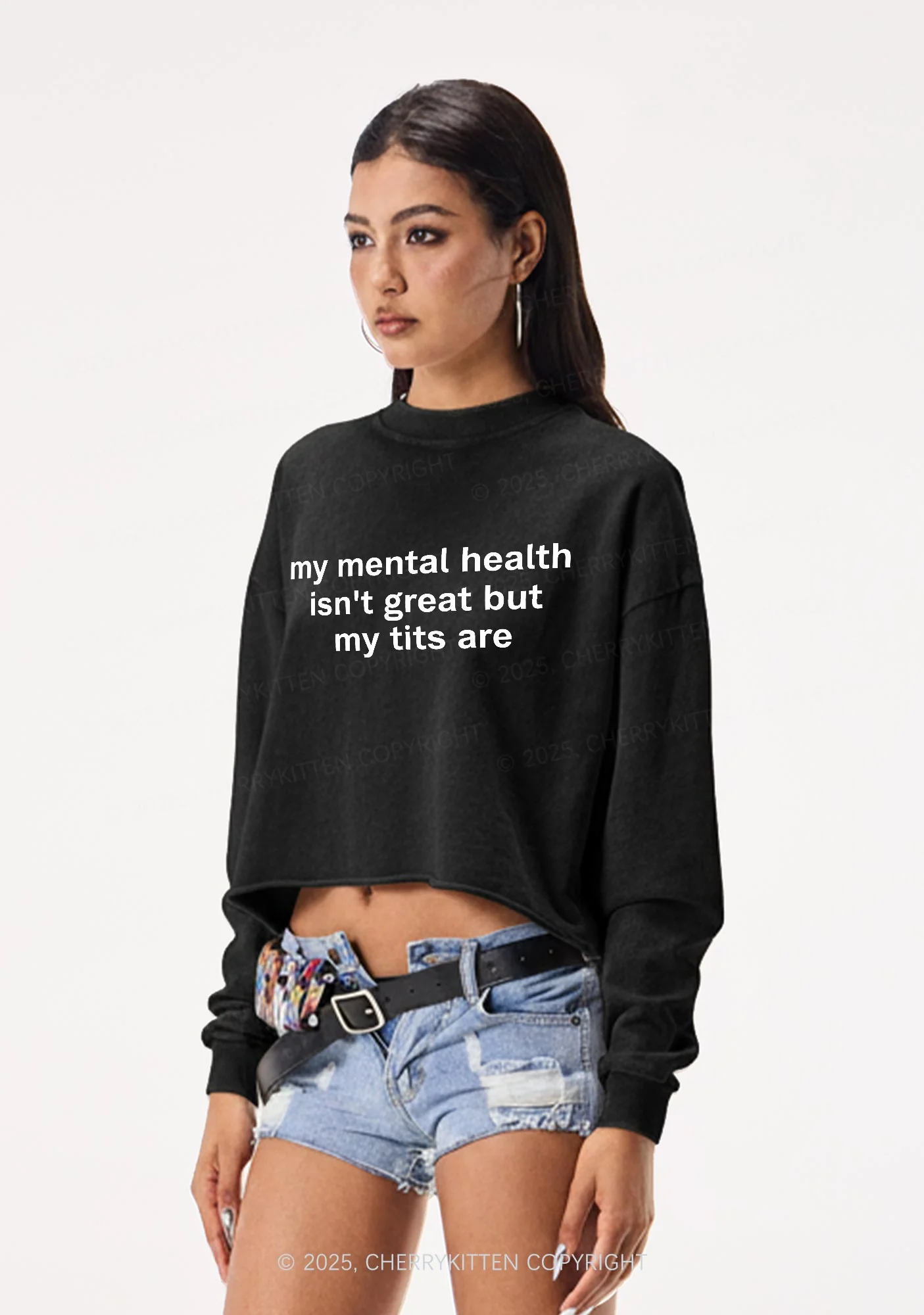 My Mental Health Isnt Great Y2K Crop Washed Sweatshirts Cherrykitten - Image 2
