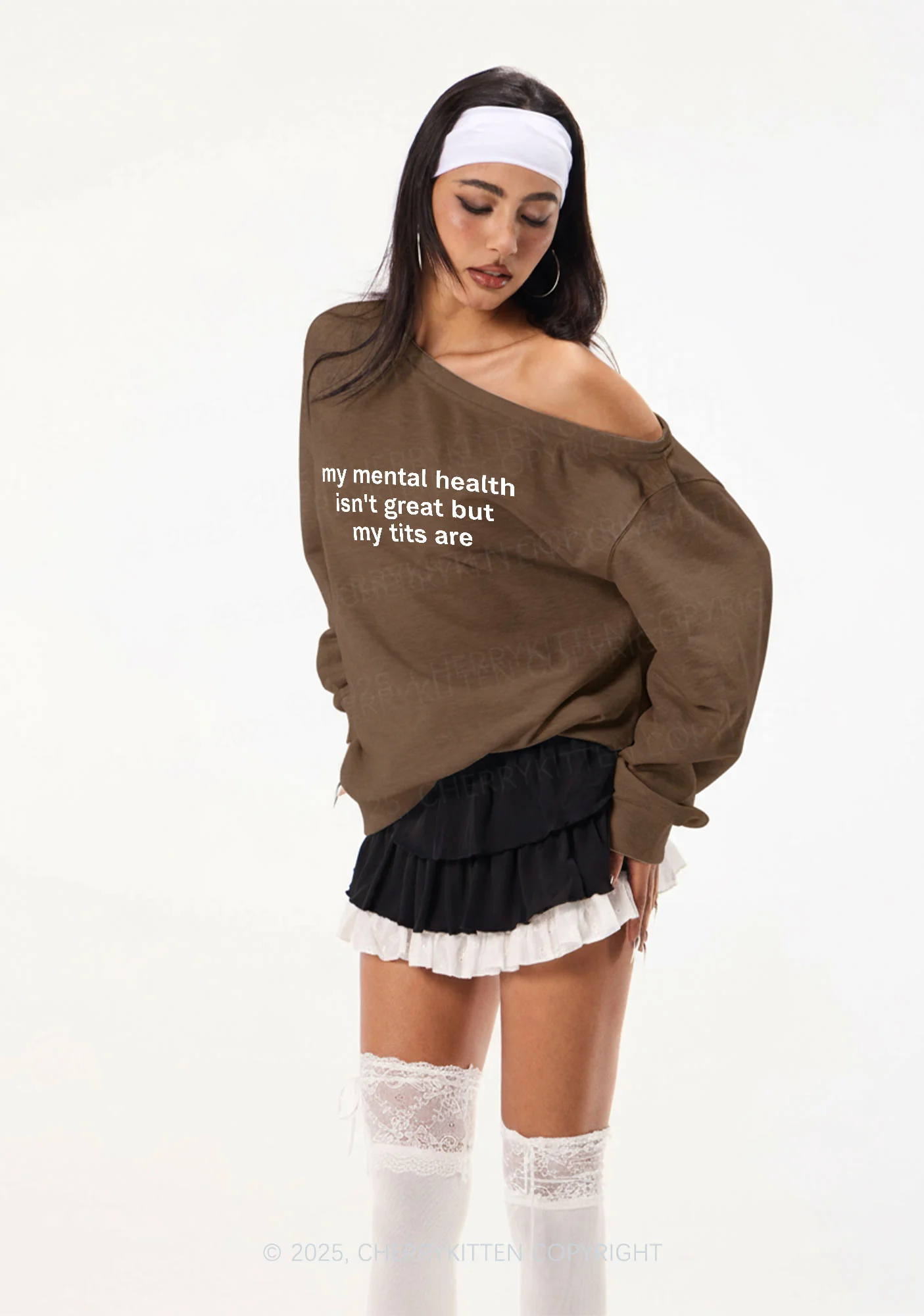 My Mental Health Isnt Great Y2K Off Shoulder Sweatshirts Cherrykitten - Image 2