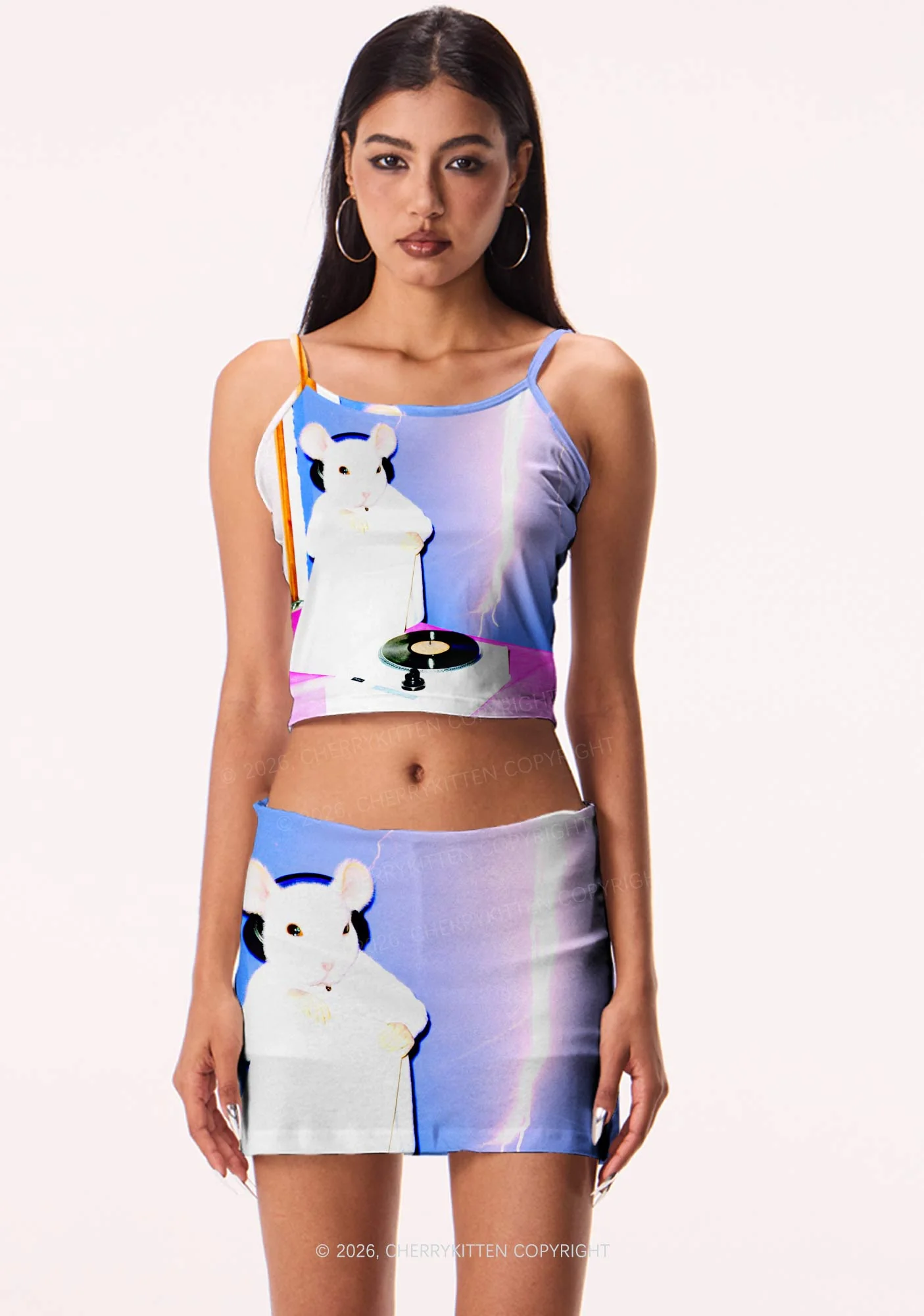 Neon Lightning DJ Rat Y2K Print Mini Skirt Cherrykitten - Image 2