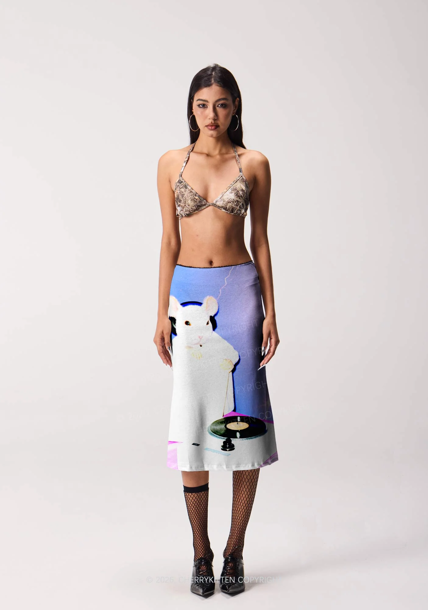Neon Lightning DJ Rat Y2K Print Midi Skirt Cherrykitten - Image 2