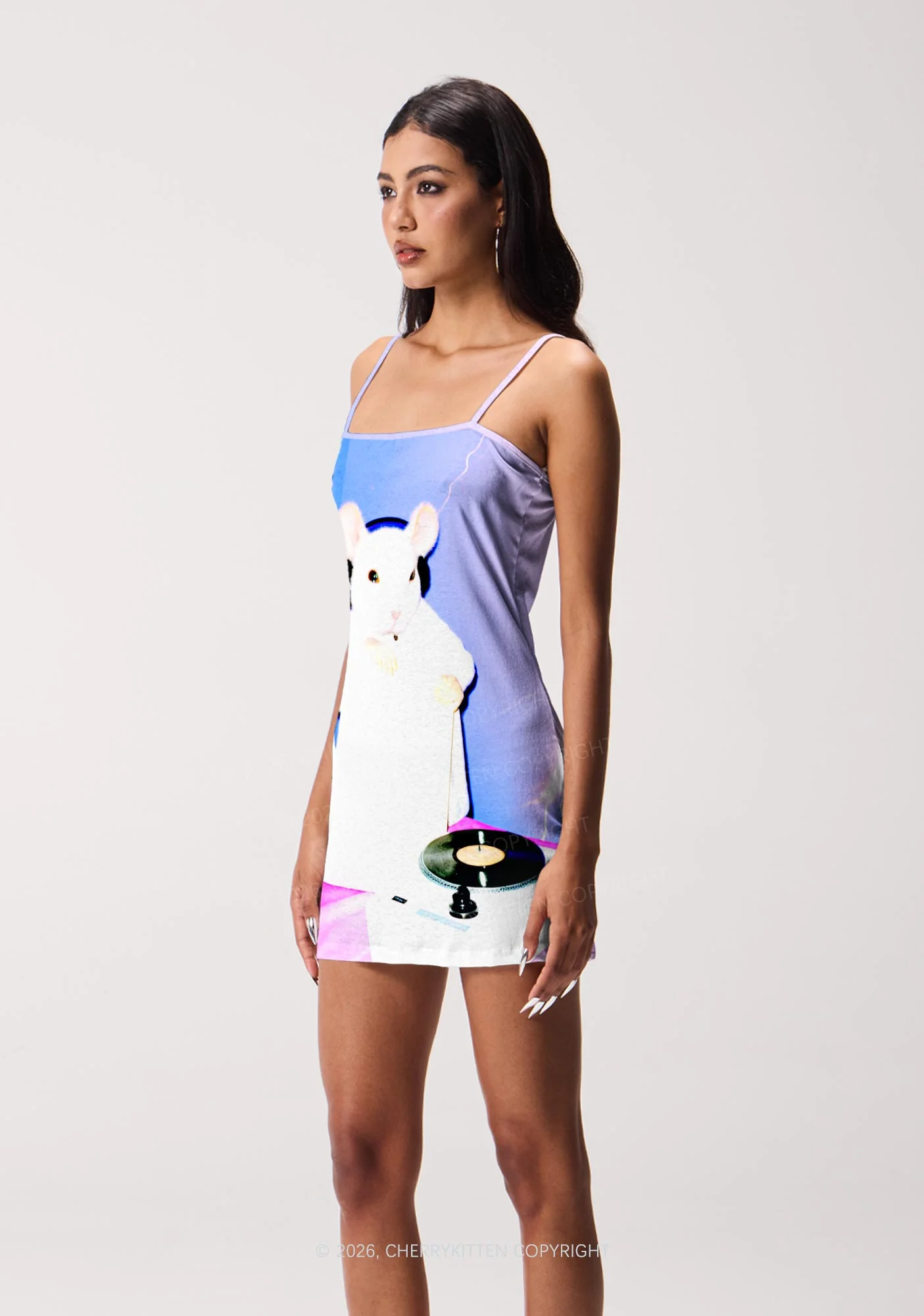 Neon Lightning DJ Rat Y2K Print Slip Dress Cherrykitten - Image 2