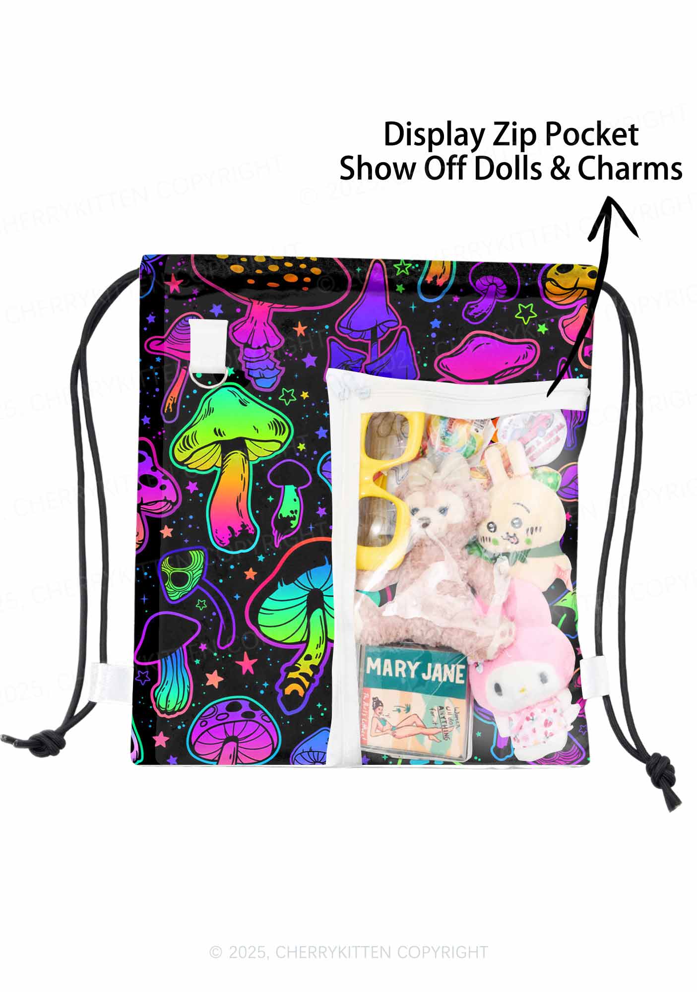 Neon Mushrooms Y2K Drawstring Itabag Backpack Cherrykitten - Image 3