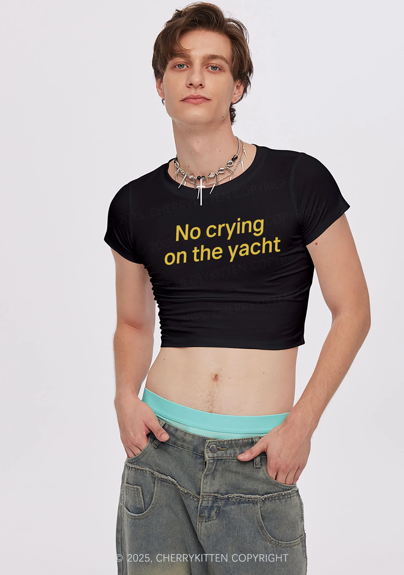 No Crying On Yacht Y2K Baby Tee Cherrykitten - Image 3