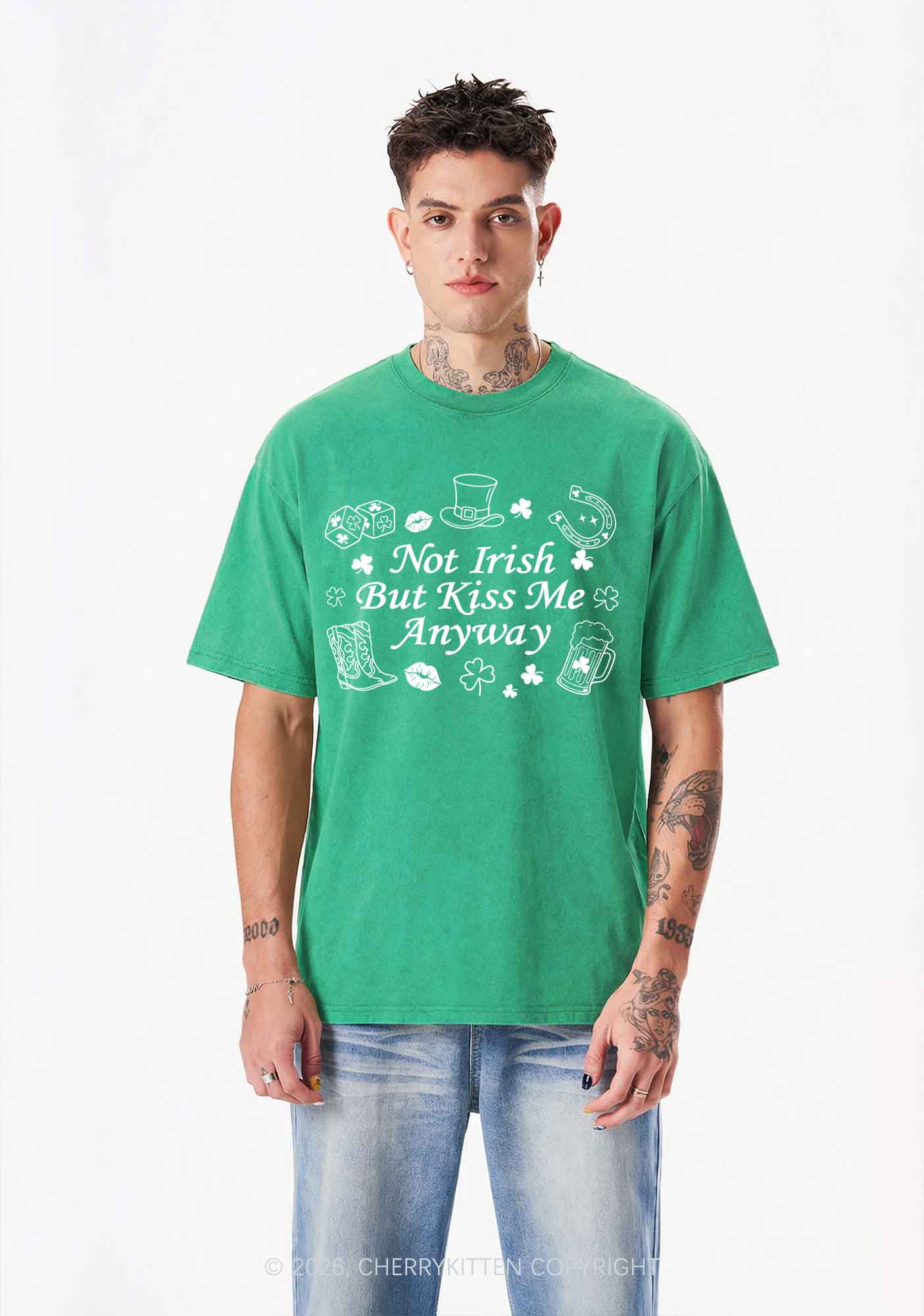 Not Irish Kiss Me Anyway St Patricks Y2K Shirts Washed Tee Cherrykitten - Image 2