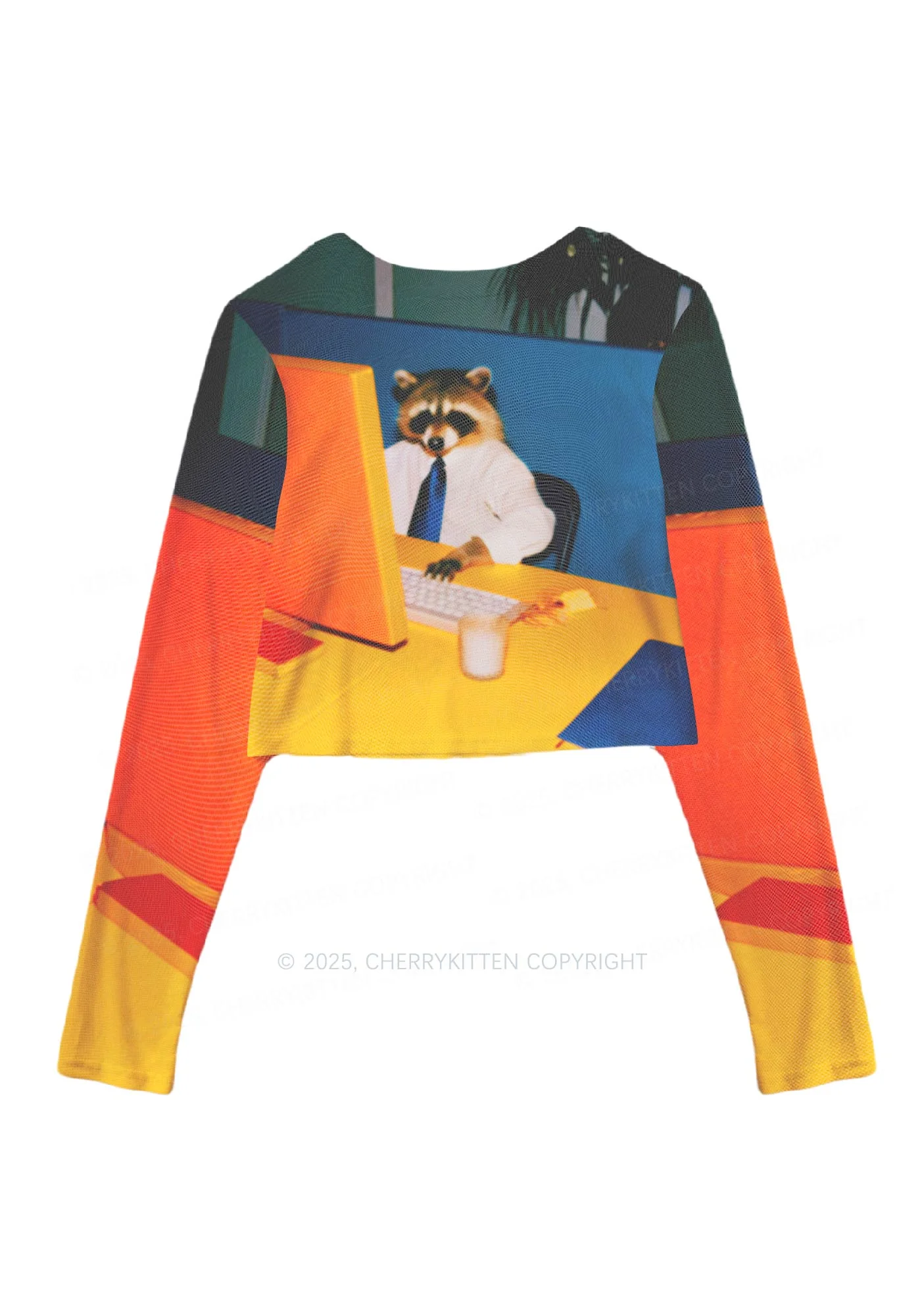 Office Raccoon Y2K Mesh Long Sleeve Crop Top Cherrykitten - Image 3