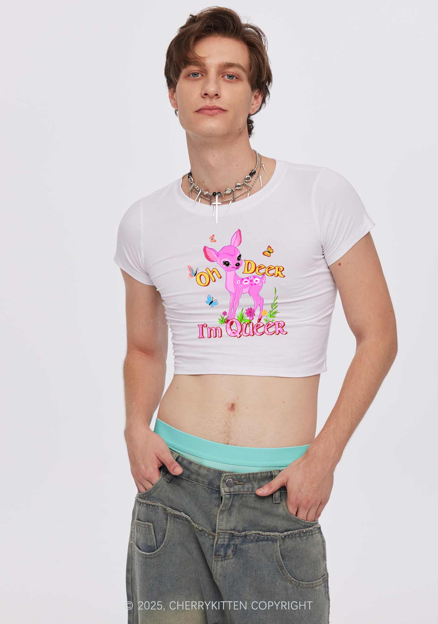 Oh Deer Im Queer Pride Y2K Baby Tee Cherrykitten - Image 3