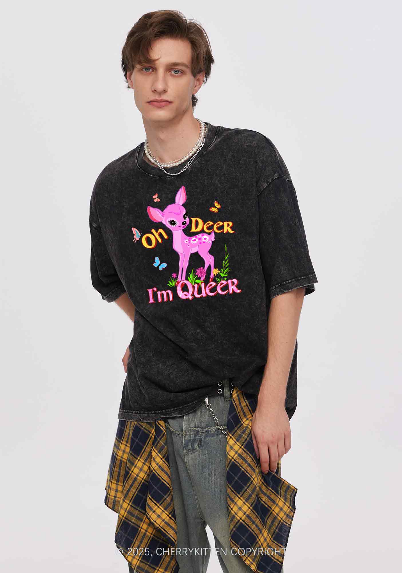 Oh Deer Im Queer Pride Y2K Shirts Washed Tee Cherrykitten - Image 2