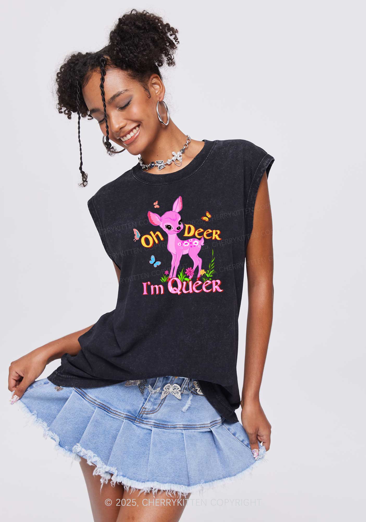 Oh Deer Im Queer Pride Y2K Washed Muscle Tank Cherrykitten - Image 2