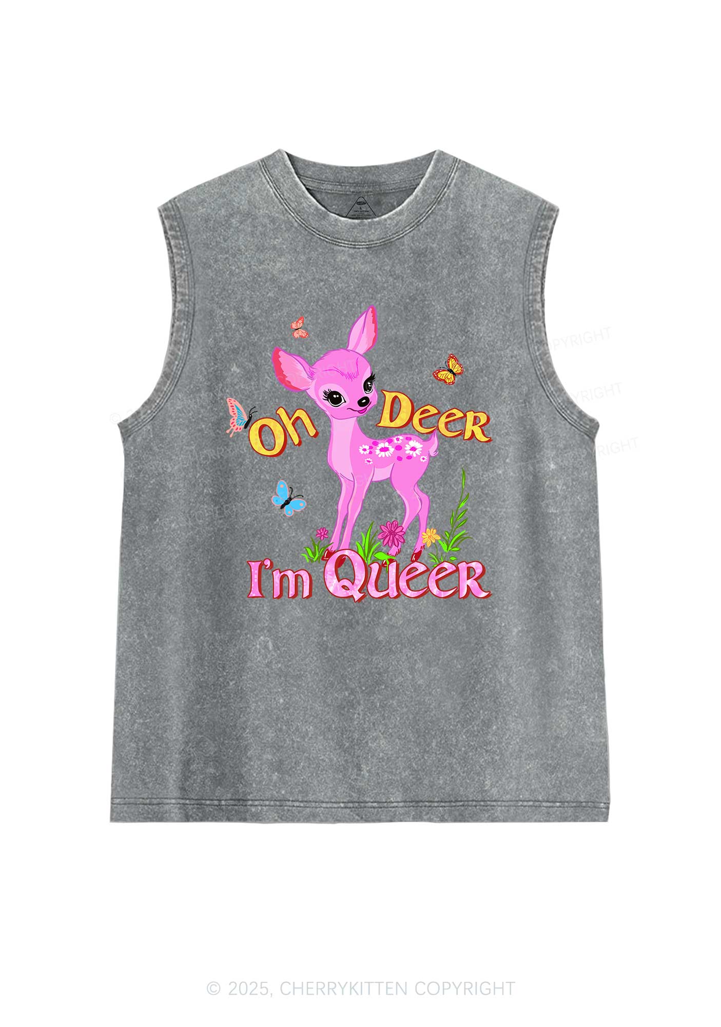 Oh Deer Im Queer Pride Y2K Washed Muscle Tank Cherrykitten - Image 6