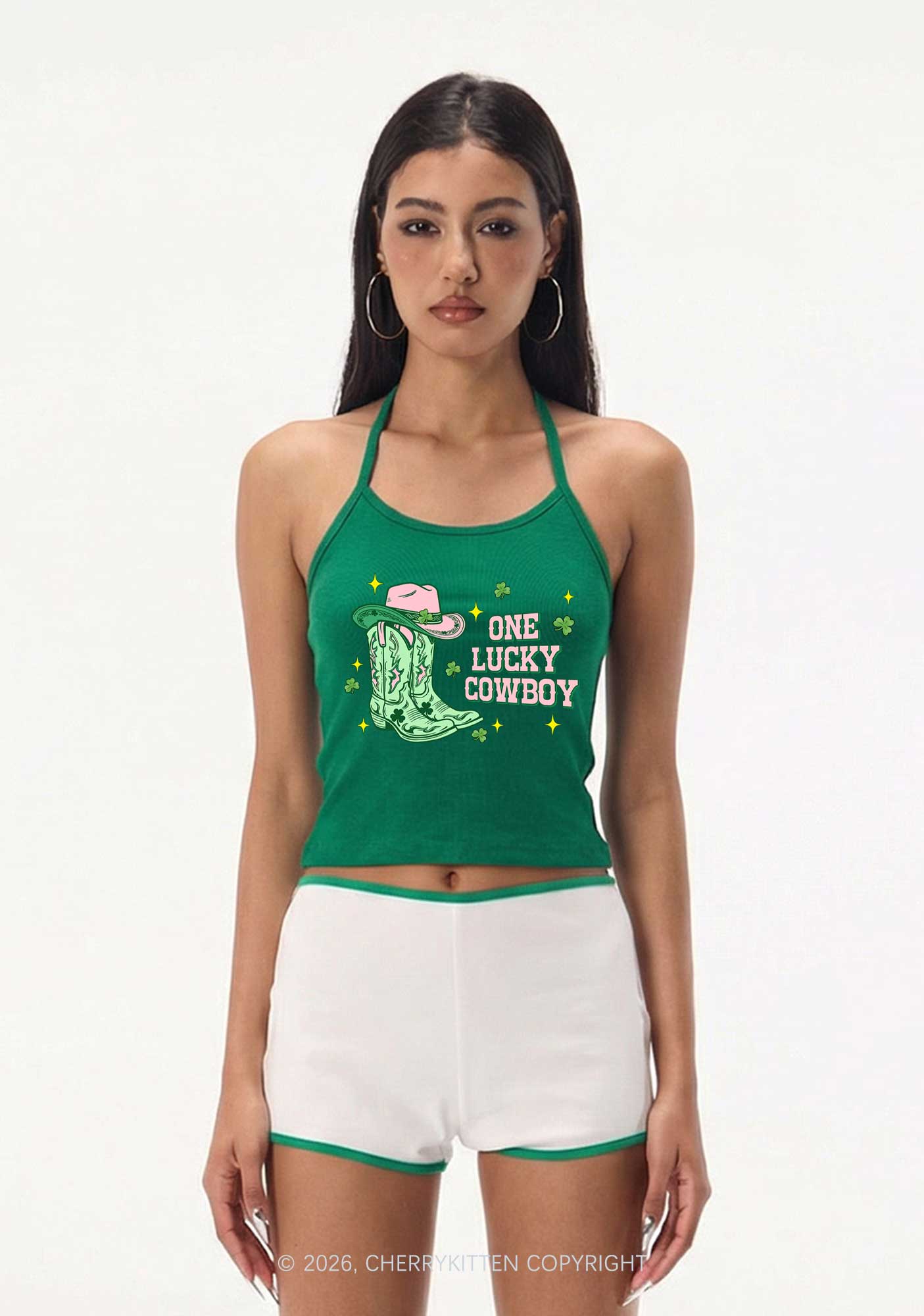 One Lucky Cowboy Boots St Patricks Y2K Halter Neck Cami Cherrykitten - Image 2