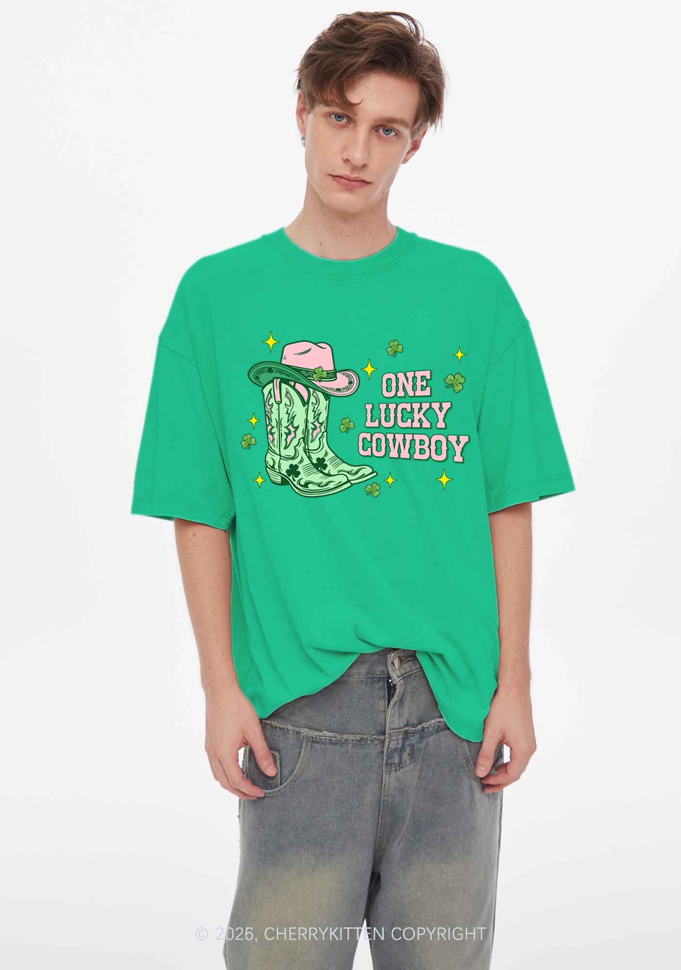 One Lucky Cowboy Boots St Patricks Y2K Shirts Washed Tee Cherrykitten - Image 2