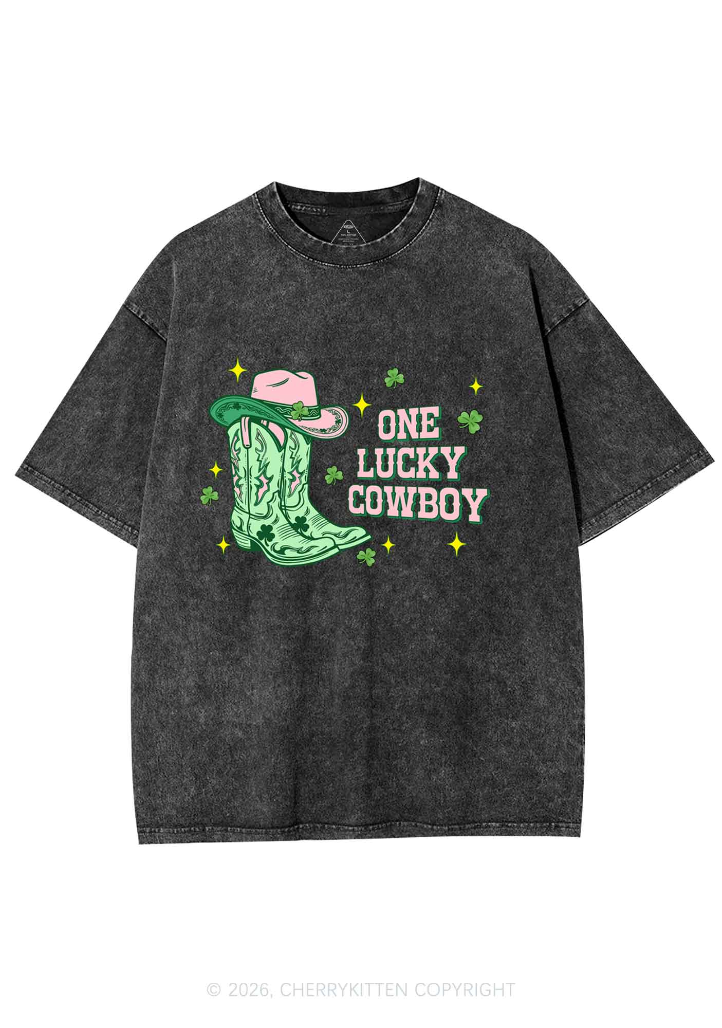 One Lucky Cowboy Boots St Patricks Y2K Shirts Washed Tee Cherrykitten - Image 3