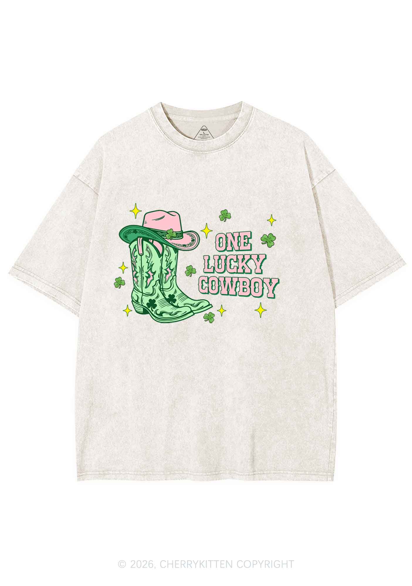 One Lucky Cowboy Boots St Patricks Y2K Shirts Washed Tee Cherrykitten - Image 4