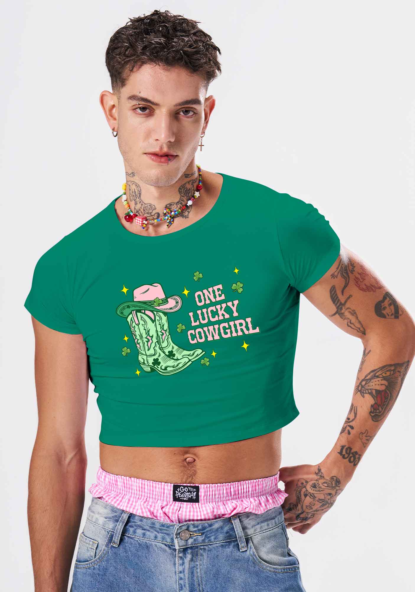 One Lucky Cowgirl Boots St Patricks Y2K Baby Tee Cherrykitten - Image 2