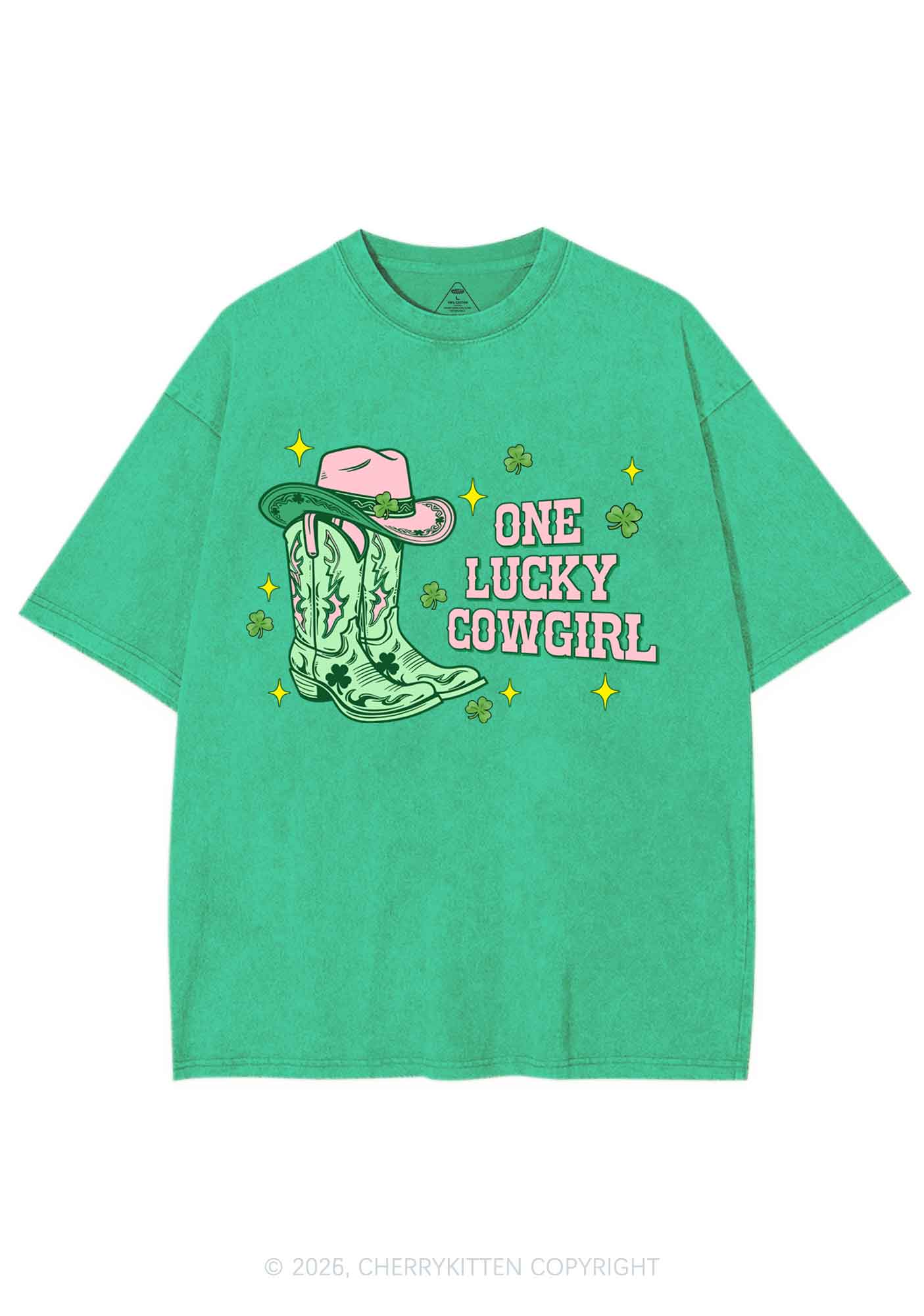One Lucky Cowgirl Boots St Patricks Y2K Shirts Washed Tee Cherrykitten - Image 3