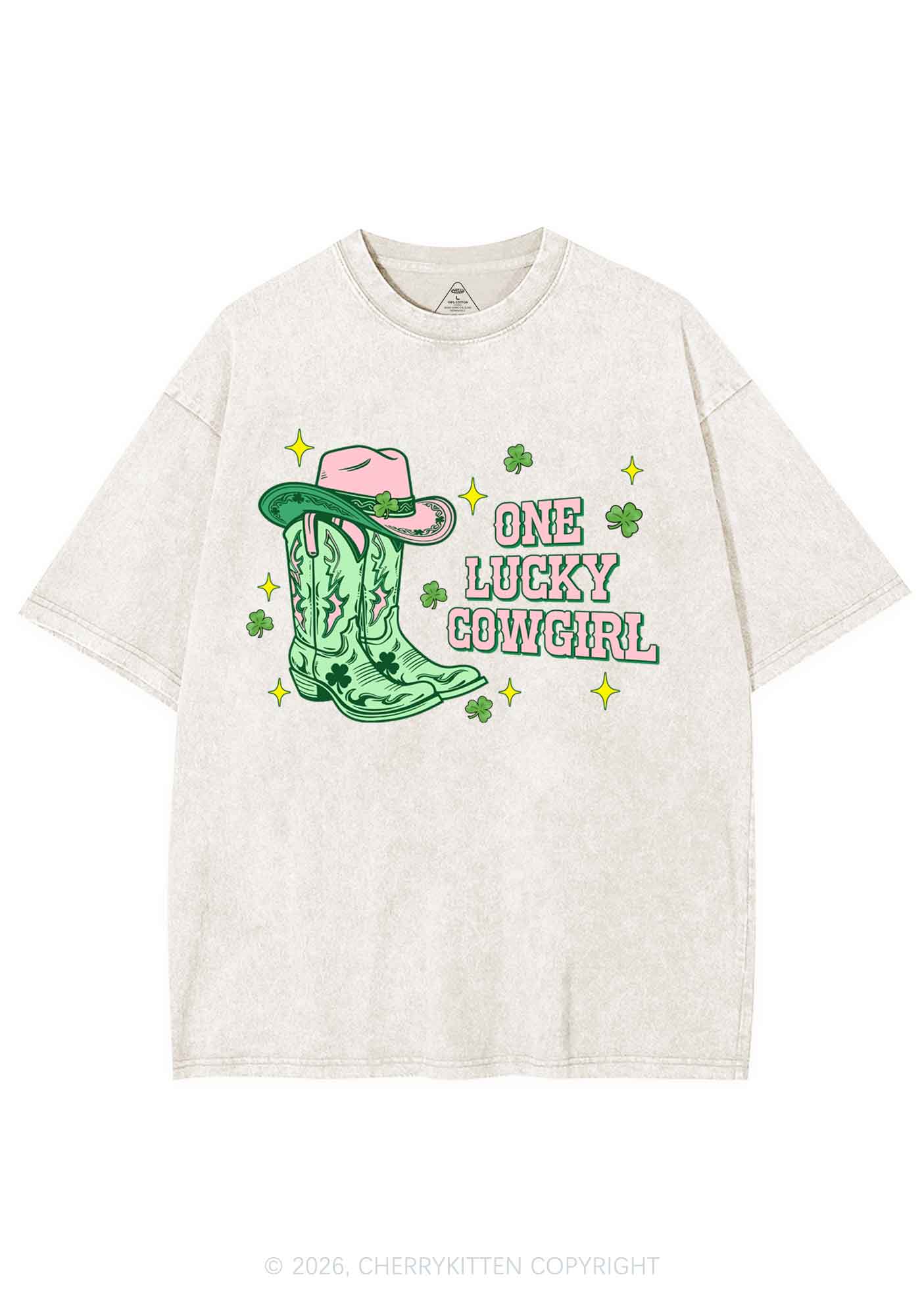 One Lucky Cowgirl Boots St Patricks Y2K Shirts Washed Tee Cherrykitten - Image 4