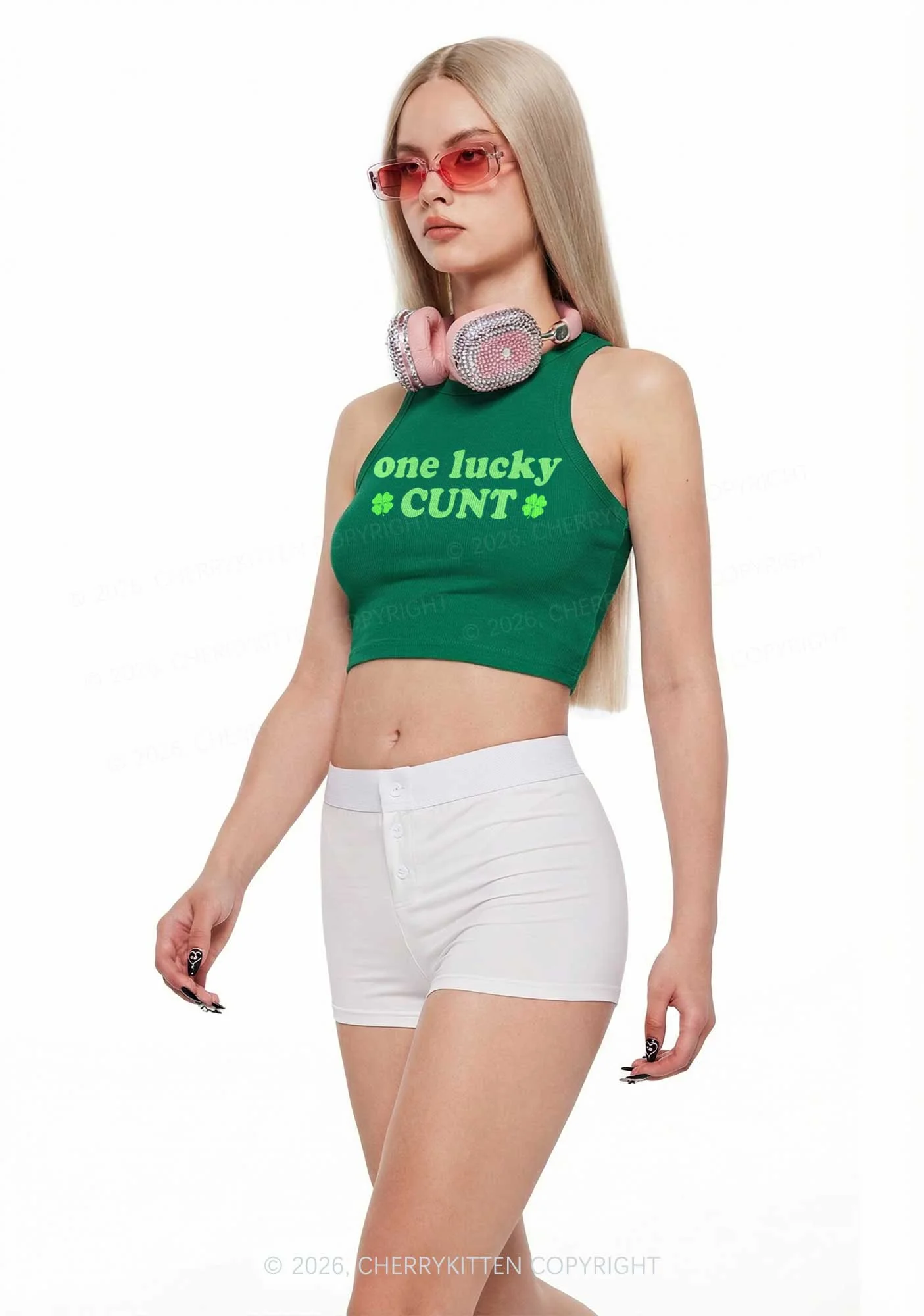One Lucky Cxxt St Patricks Y2K Crop Tank Top Cherrykitten - Image 2